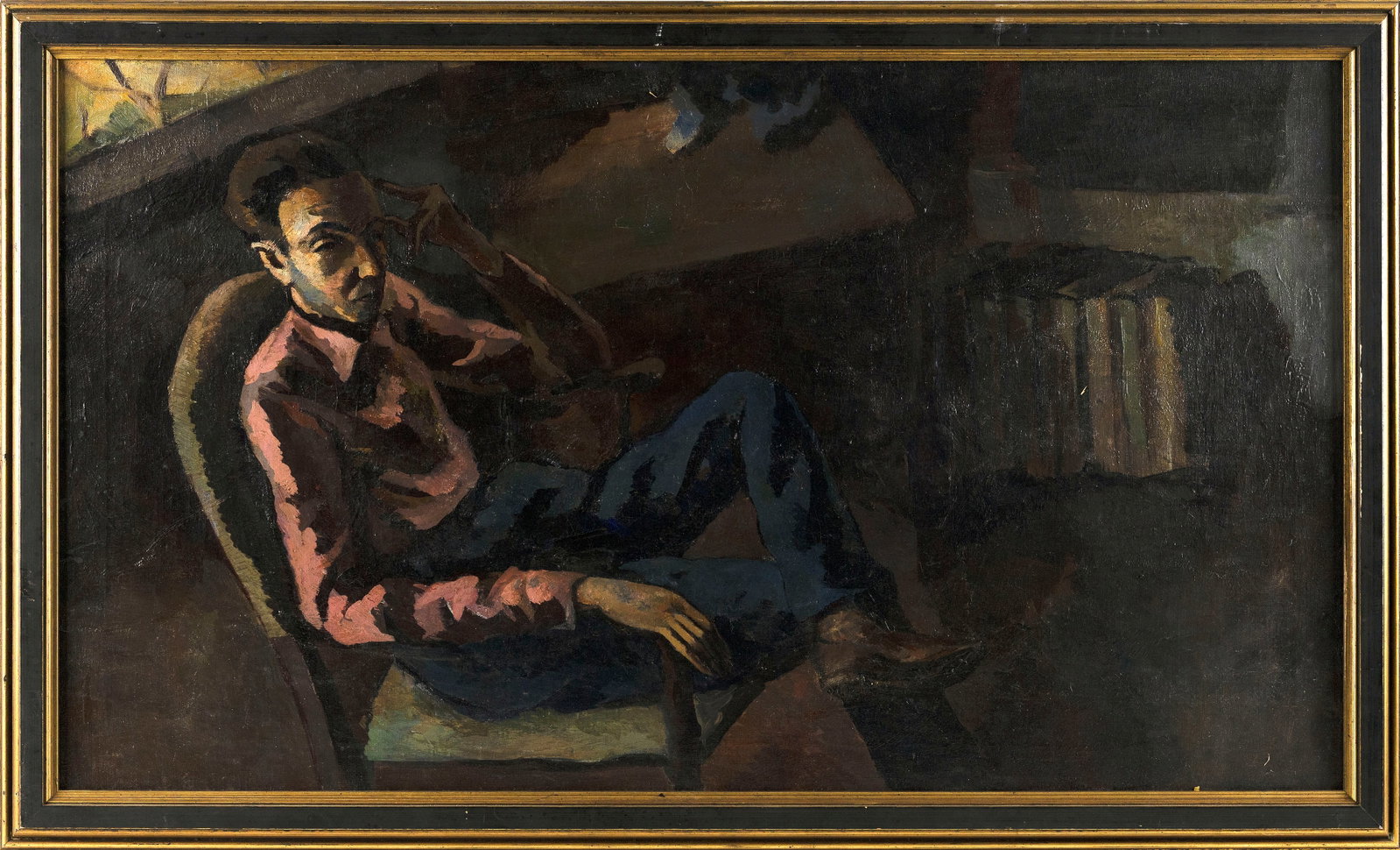 AMERICAN SCHOOL (Mid-20th Century,), Man seated in a library., Oil on canvas, 22" x 39". Framed 25" (1 of 2)