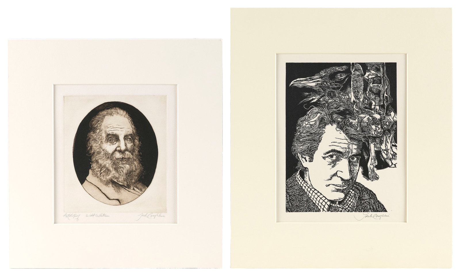 JACK COUGHLIN (Massachusetts/Connecticut, 1932-2025), Two portraits:, Matted to 14" x 12".: JACK COUGHLIN Massachusetts/Connecticut, 1932-2025 Two portraits: 1) Self portrait. Signed lower right. Woodcut, 9" x 7" sight. 2) Walt Whitman. An artist's proof. Signed lower right. Engraving, 7.5" 