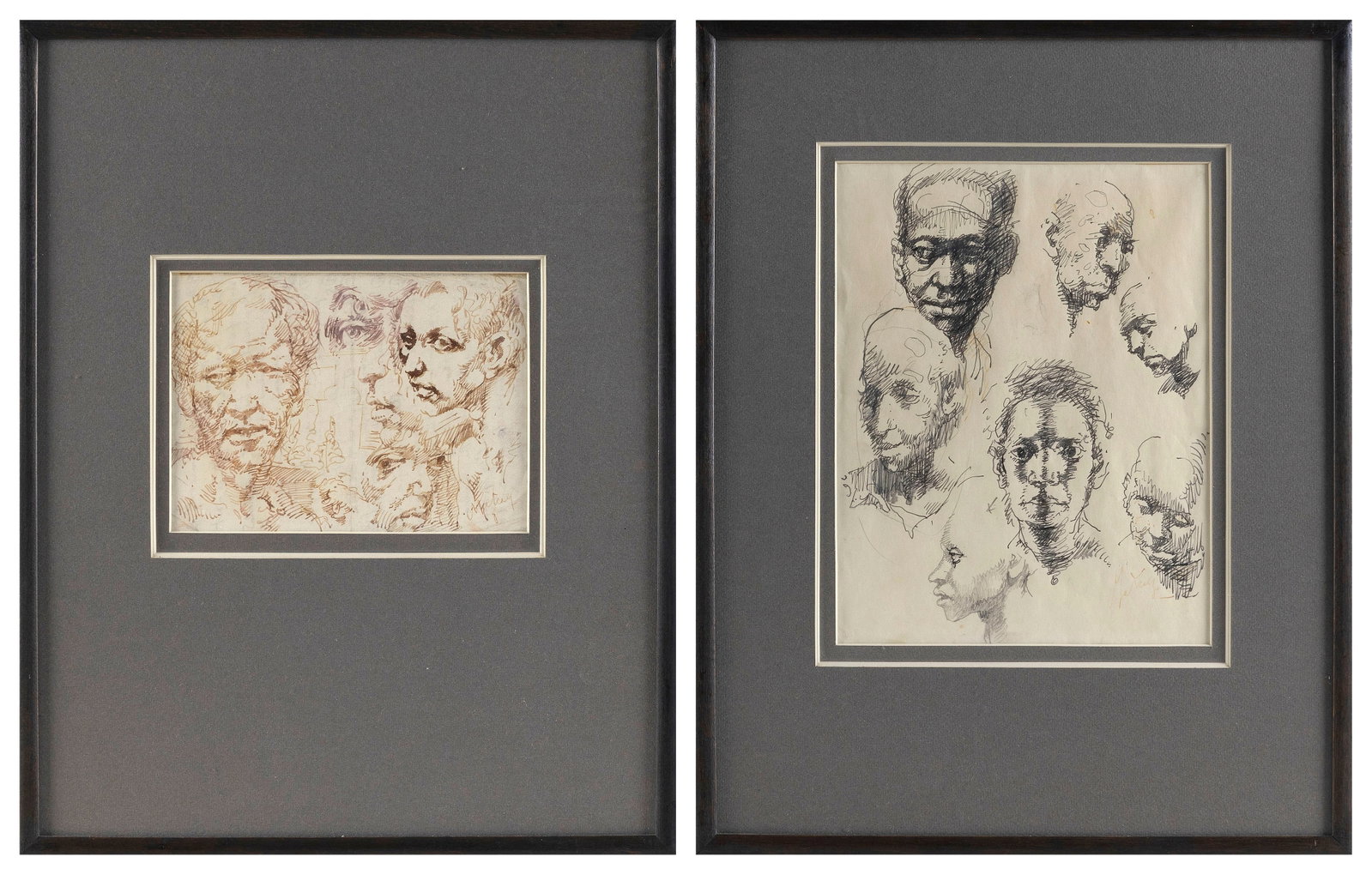 CONGER A. METCALF (Massachusetts/Iowa, 1914-1998), Two sketches of faces, Pen and inks, 5" x 8" and: CONGER A. METCALF Massachusetts/Iowa, 1914-1998 Two sketches of faces, one in red, signed lower right "C. Metcalf", and one of Black faces in black, signed faintly lower right "C. Metcalf". Pen and in