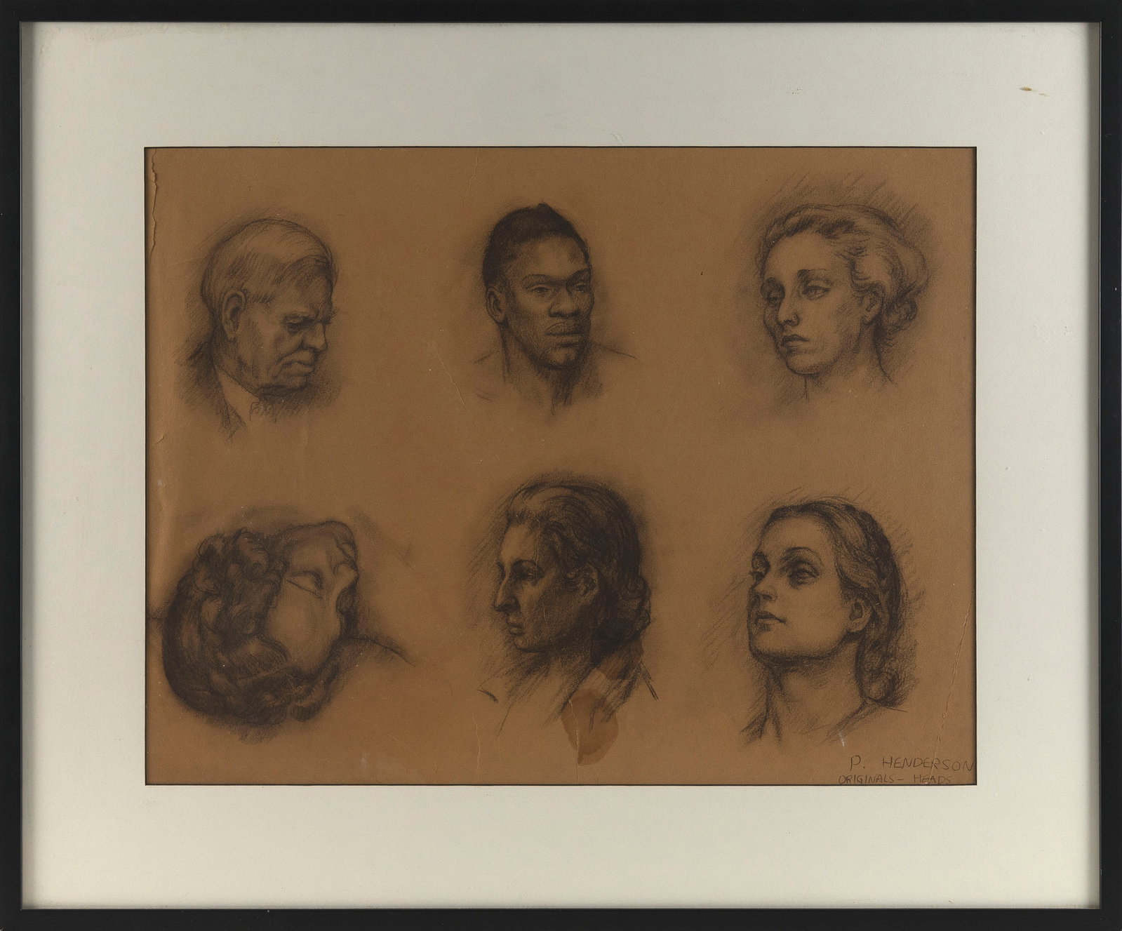 PHILIP L. HENDERSON (Iowa/Kansas, 1911-1998), "Originals - Heads"., Charcoal sketches, 17" x 23.5" (1 of 2)