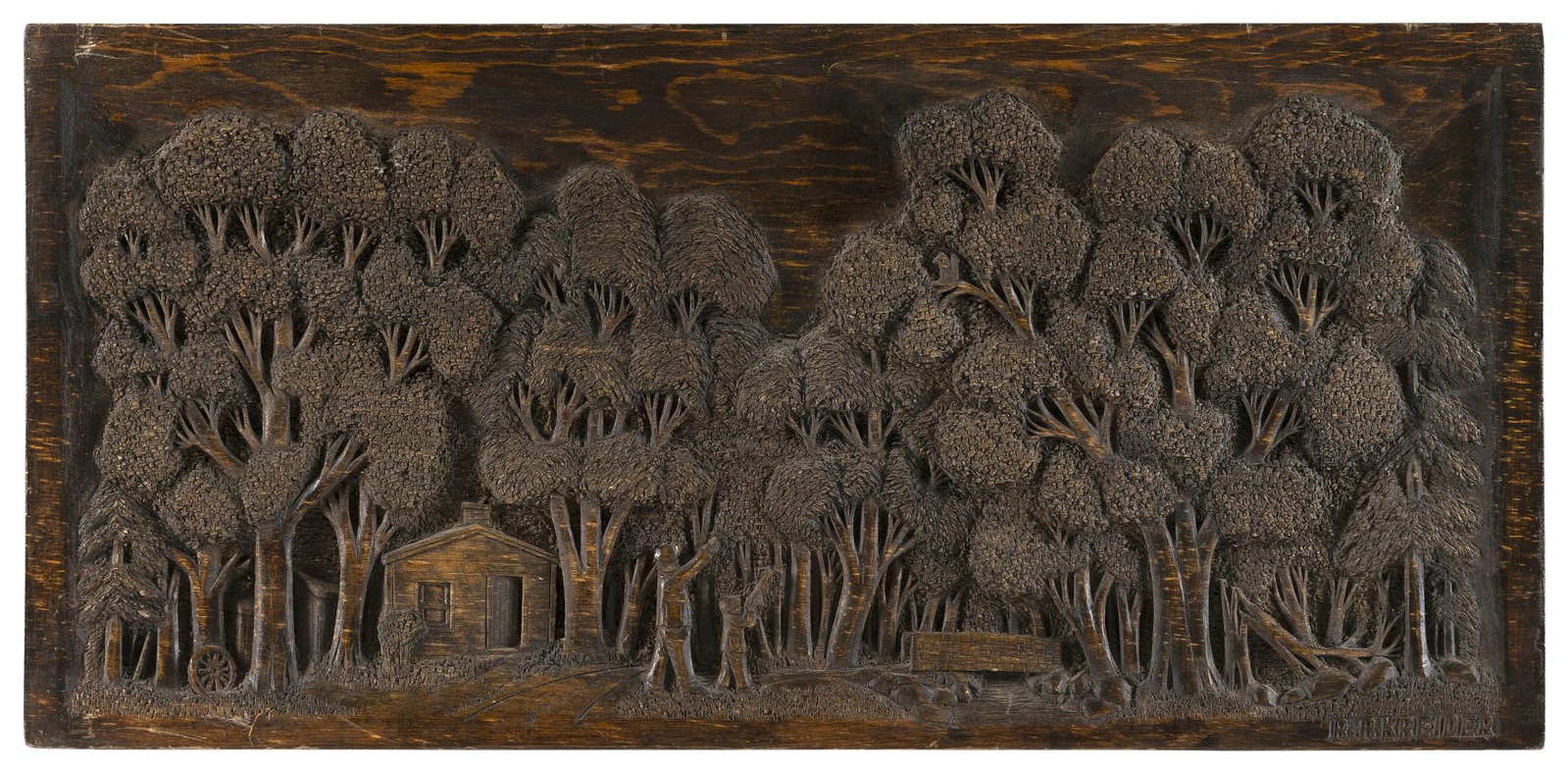 RUPERT P. KREIDER (America, 1897-1983), Woodland landscape with cottage., Carved wood bas-relief,: RUPERT P. KREIDER America, 1897-1983 Woodland landscape with cottage. Signed lower right "RP Kreider". Carved wood bas-relief, 11.5" x 24".