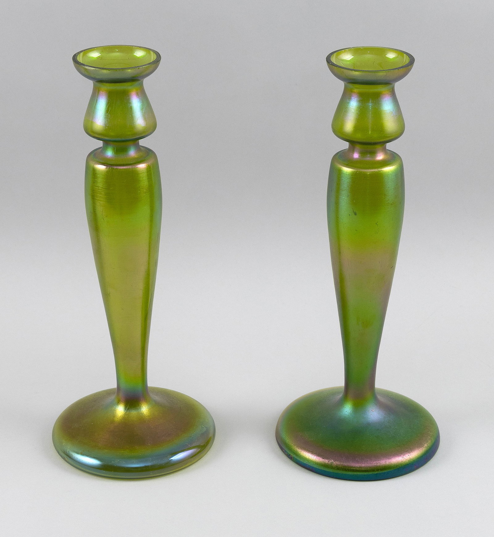 PAIR OF LOETZ "CRETA GLATT" IRIDESCENT GREEN GLASS CANDLESTICKS Bohemia, Late 19th/Early 20th (1 of 4)