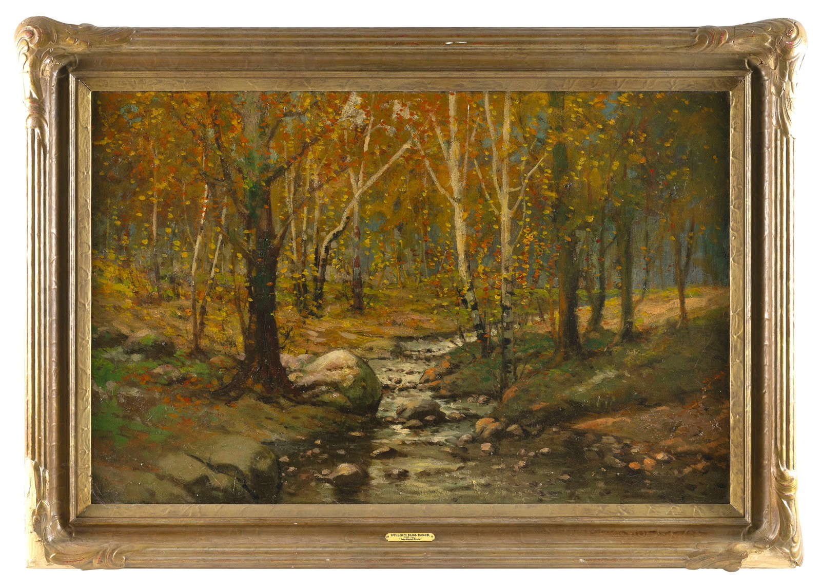 WILLIAM BLISS BAKER (New York, 1859-1886), "Woodland Brook"., Oil on canvas, 26" x 40". Framed 34" x: WILLIAM BLISS BAKER New York, 1859-1886 "Woodland Brook". Unsigned. Artist identified and titled on frame plaque. Oil on canvas, 26" x 40". Framed 34" x 48".