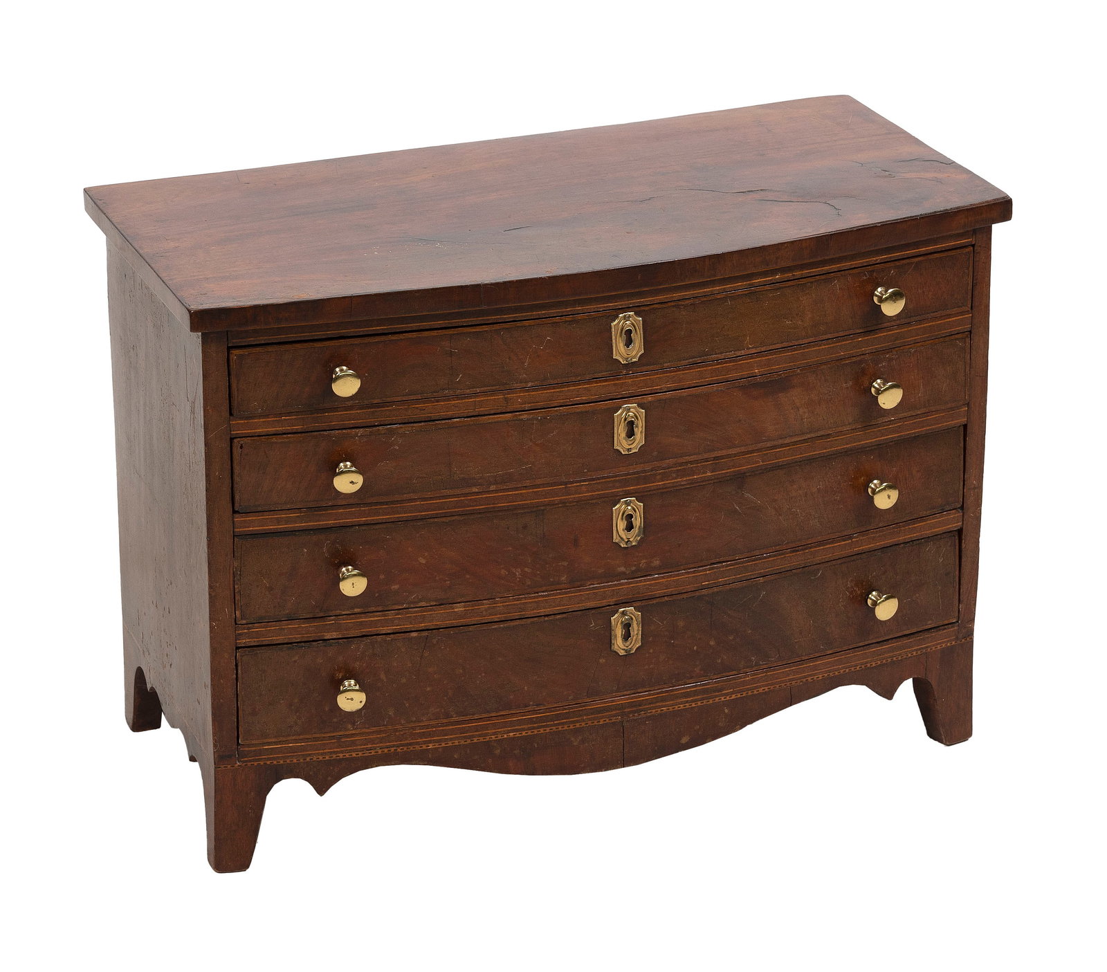 MINIATURE MAHOGANY SWELL-FRONT CHEST Early 19th Century Height 14.5". Width 21". Depth 10.5". (1 of 2)