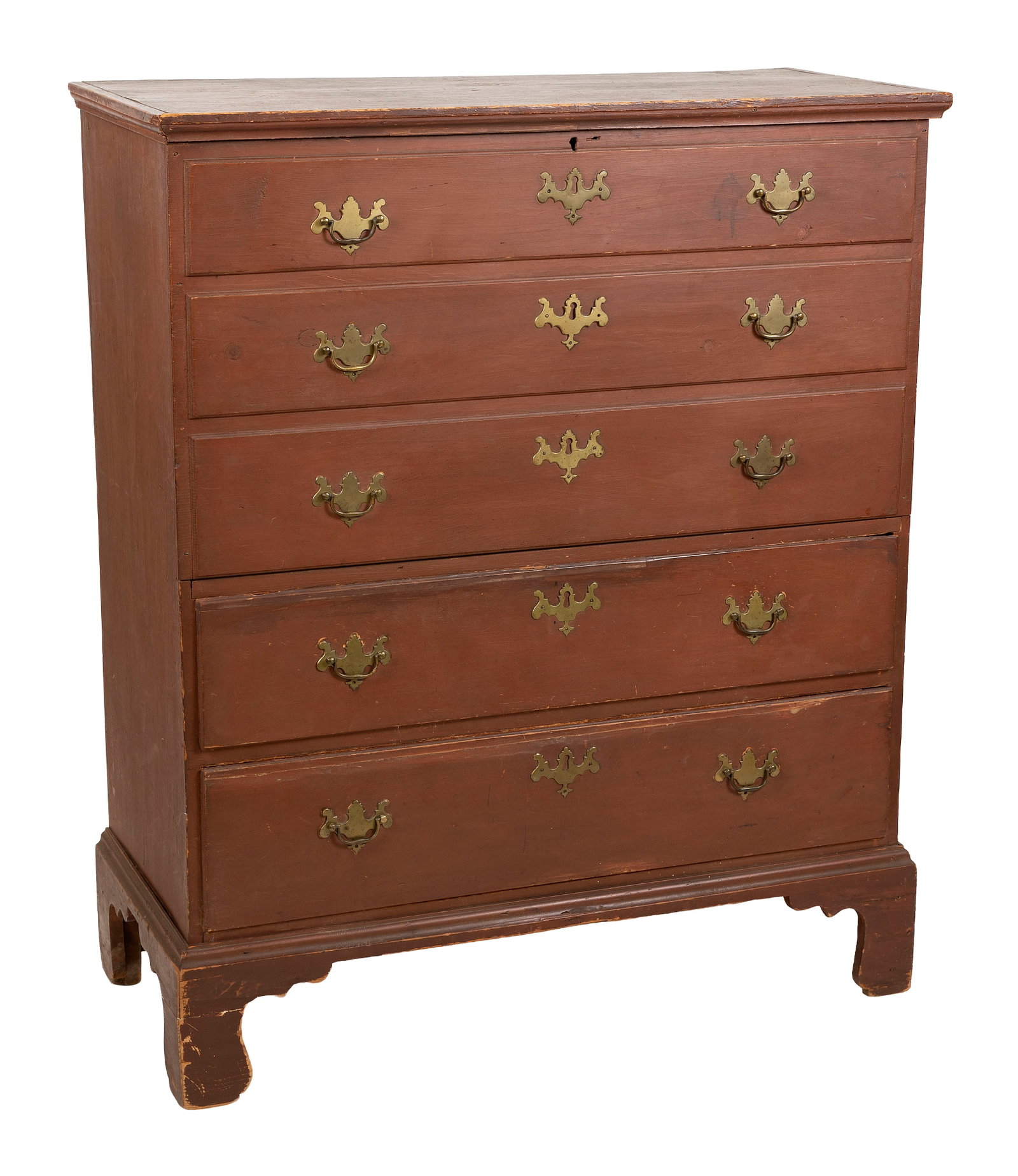 QUEEN ANNE RED-PAINTED PINE BLANKET CHEST 19th Century Height 45". Width 38". Depth 16.5".: QUEEN ANNE RED-PAINTED PINE BLANKET CHEST 19th Century Front with three faux drawers over two working drawers. High bracket base. Height 45". Width 38". Depth 16.5".