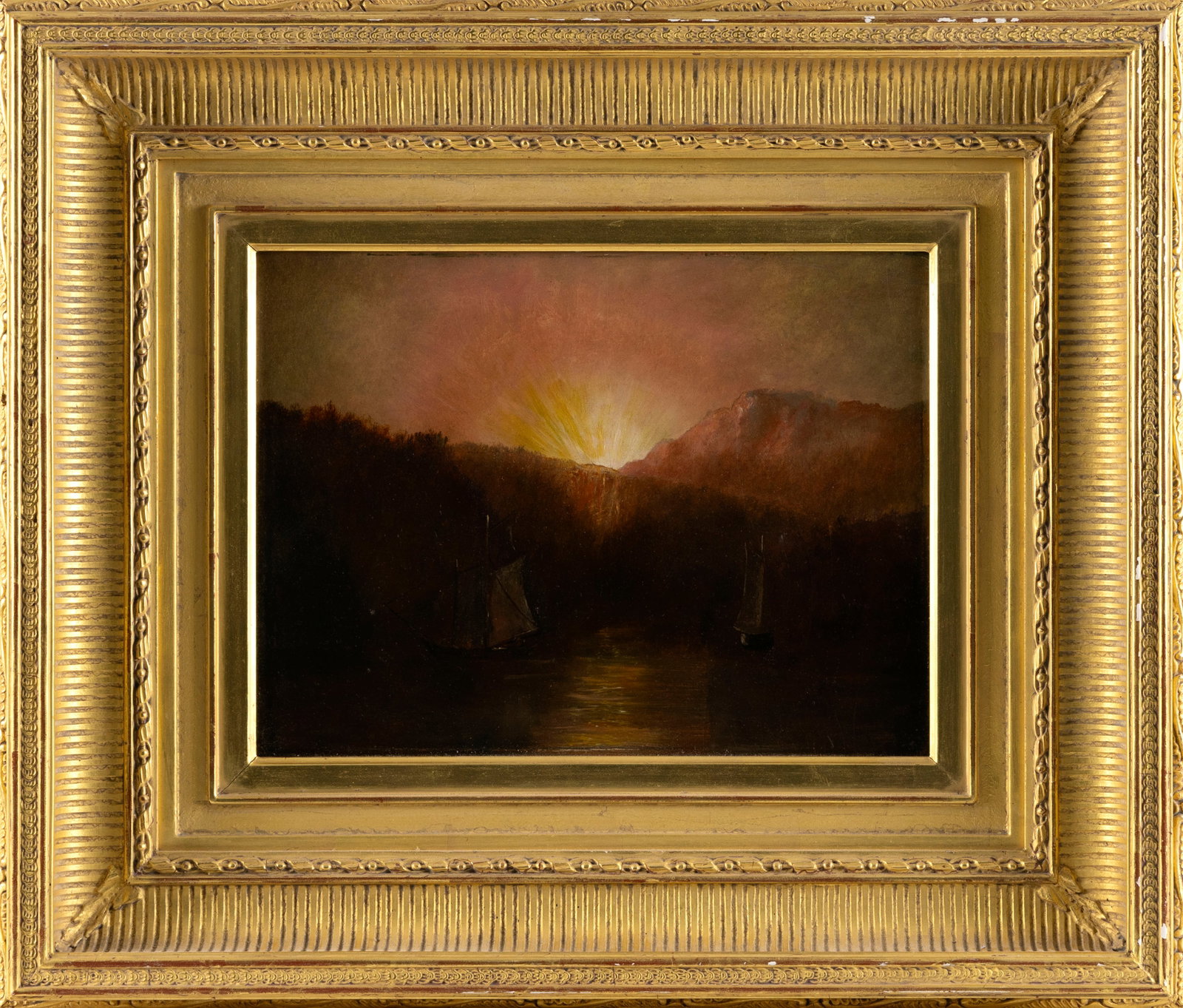 AMERICAN SCHOOL (Late 19th Century,), Sunset river landscape, possibly the Hudson., Oil on board, (1 of 2)