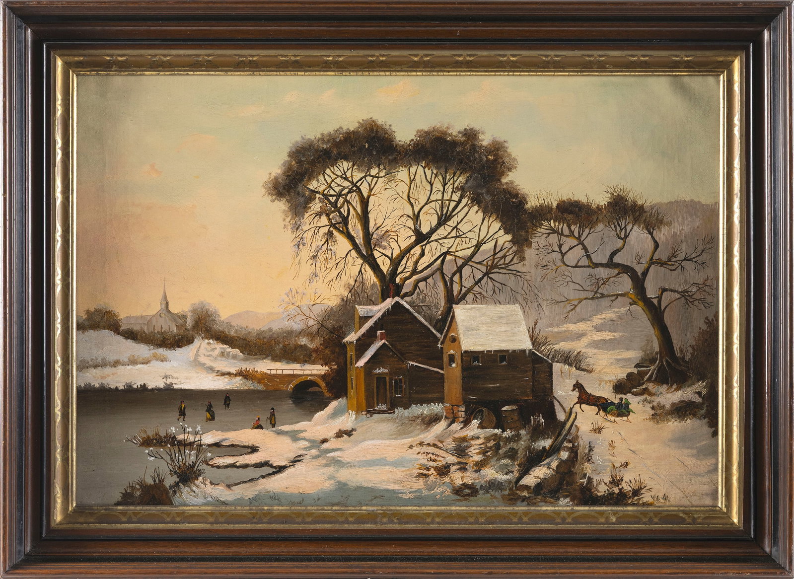 AMERICAN SCHOOL (19th Century,), Rural winter scene with farm and ice skaters on a river., Oil on: AMERICAN SCHOOL 19th Century Rural winter scene with farm and ice skaters on a river. Unsigned. Oil on canvas, 17" x 25". Framed 22.5" x 30".
