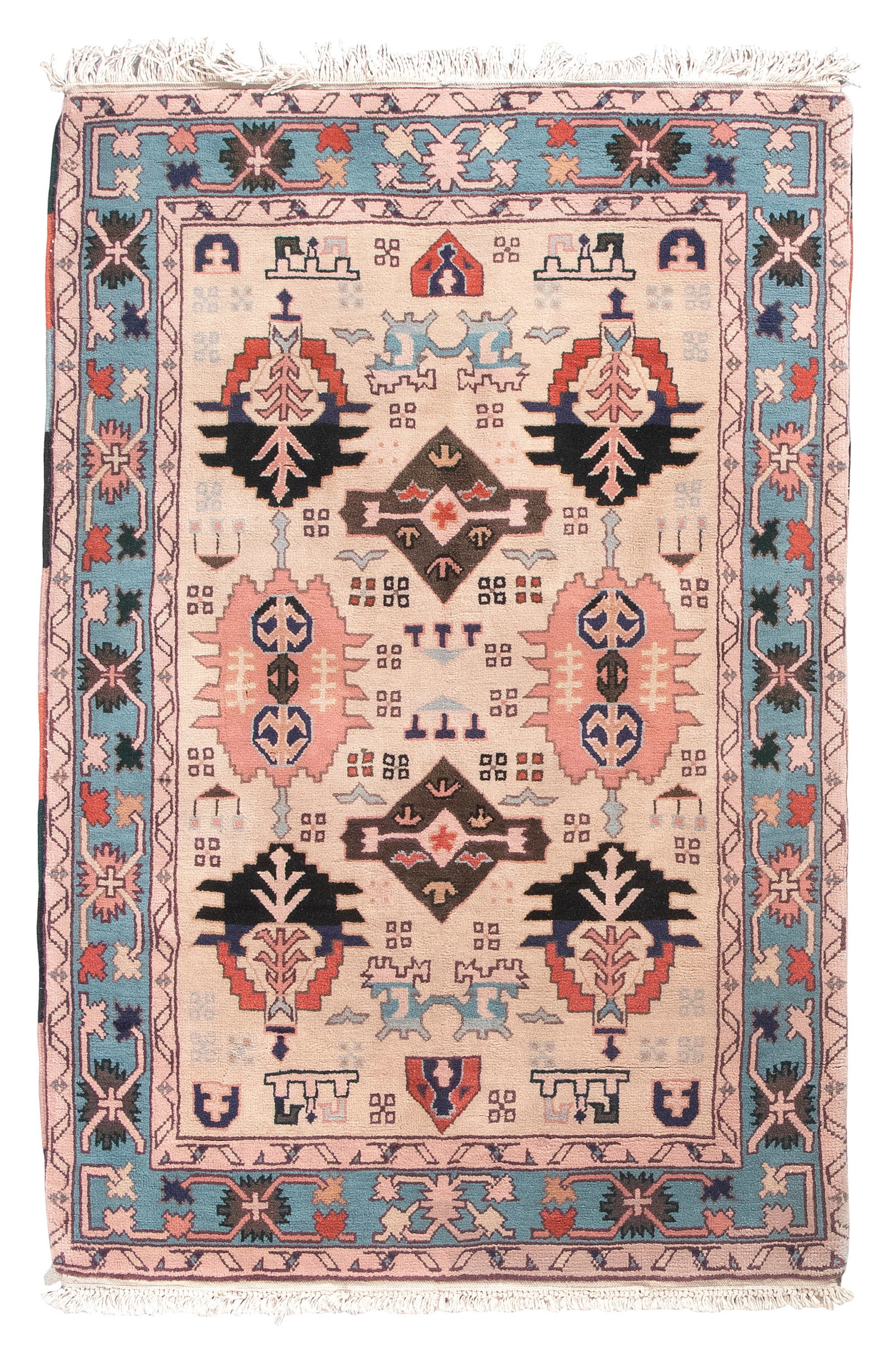 PERSIAN DESIGN RUG: 3'9" X 5'9" Late 20th Century: PERSIAN DESIGN RUG: 3'9" X 5'9" Late 20th Century Beige field with a variety of dark navy blue, pink, dark salmon red and deep olive green stylized elements. Pale pink, blue and beige borders.