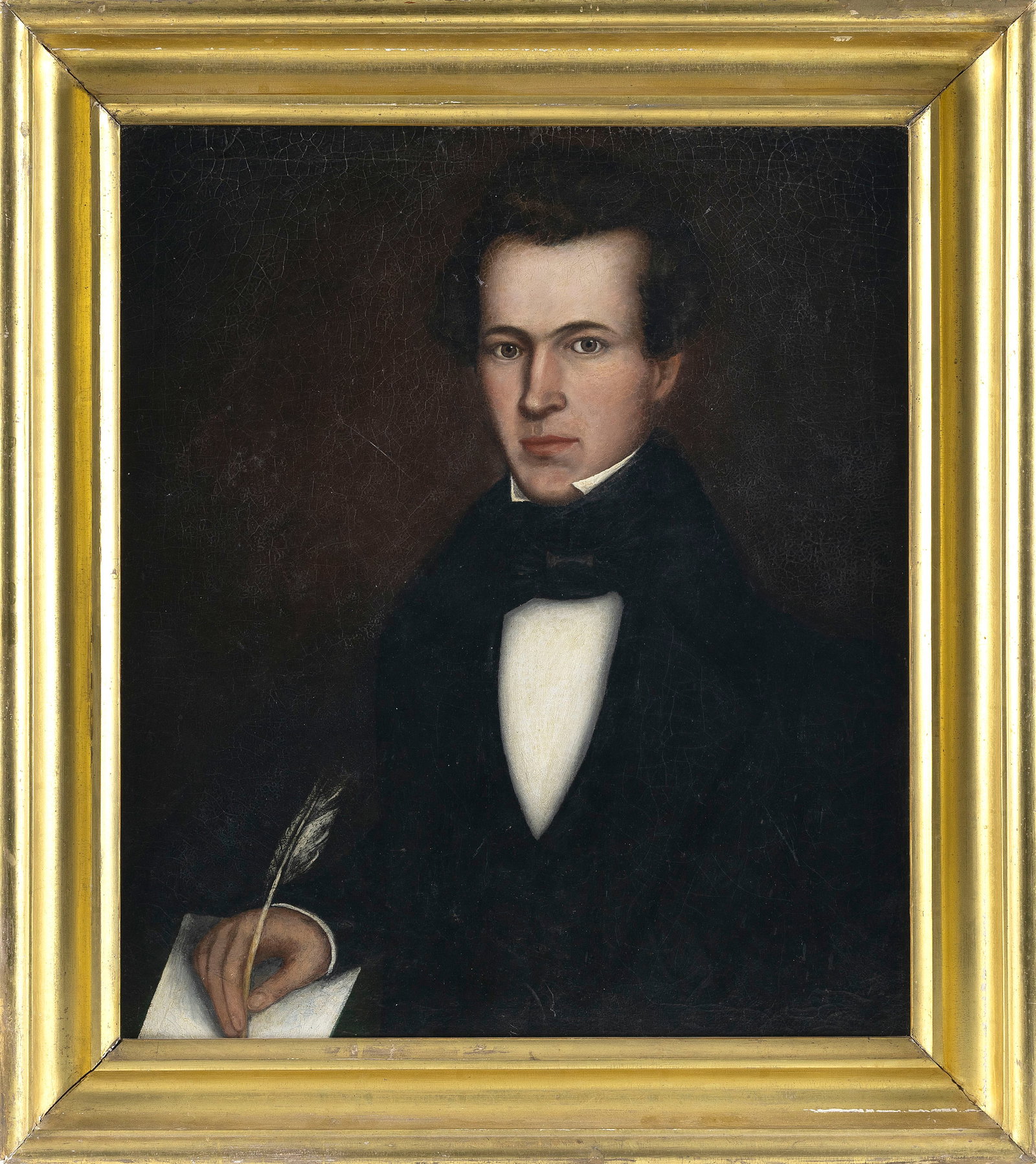 AMERICAN SCHOOL (19th Century,), Portrait of a man holding a quill., Oil on canvas, 28" x 24".: AMERICAN SCHOOL 19th Century Portrait of a man holding a quill. Unsigned. Oil on canvas, 28" x 24". Framed 34" x 30".