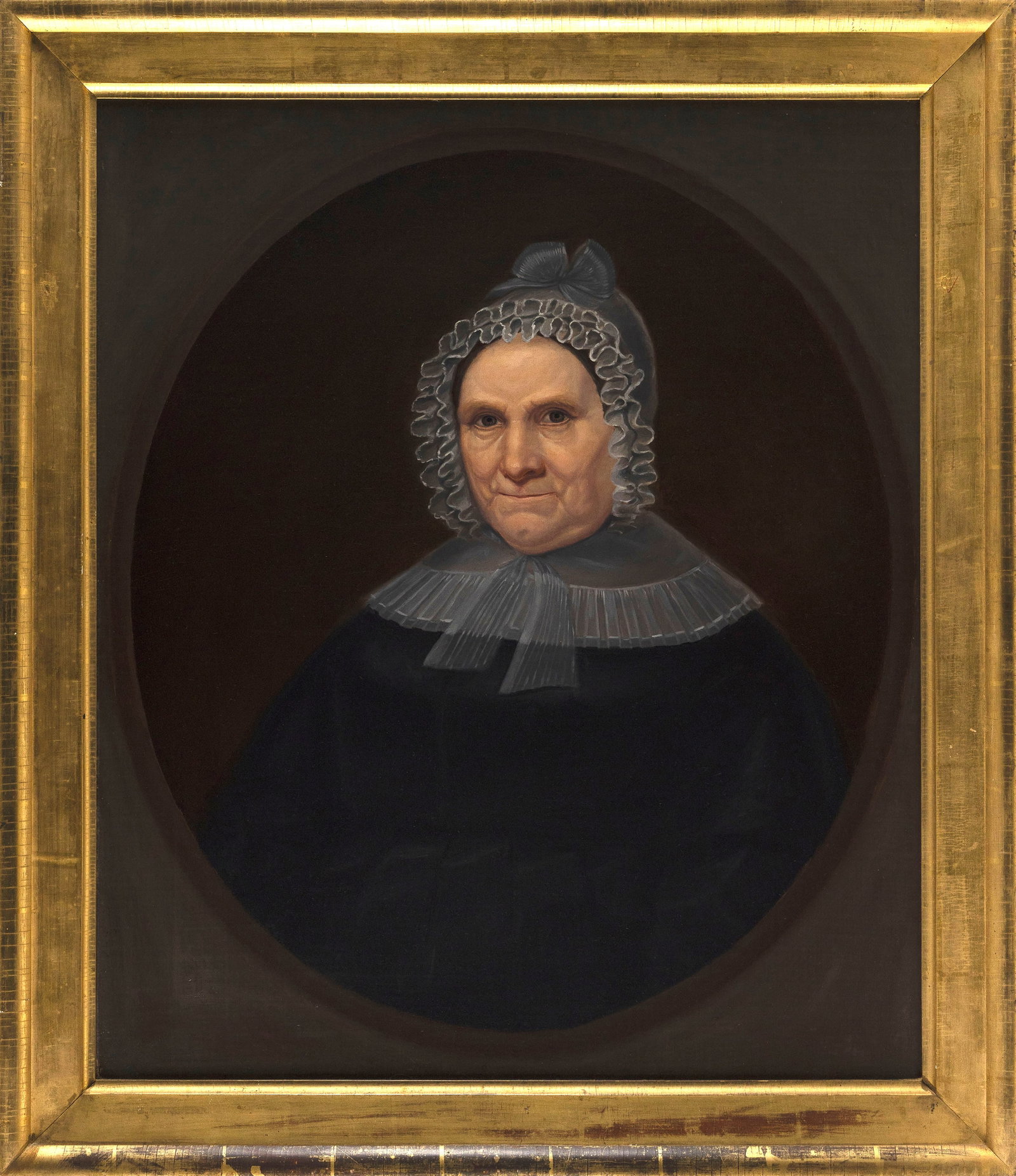 AMERICAN SCHOOL (19th Century,), Portrait of a woman wearing a lace cap and collar and a black: AMERICAN SCHOOL 19th Century Portrait of a woman wearing a lace cap and collar and a black dress. Unsigned. Oil on canvas, 30" x 25". Framed 35" x 30".