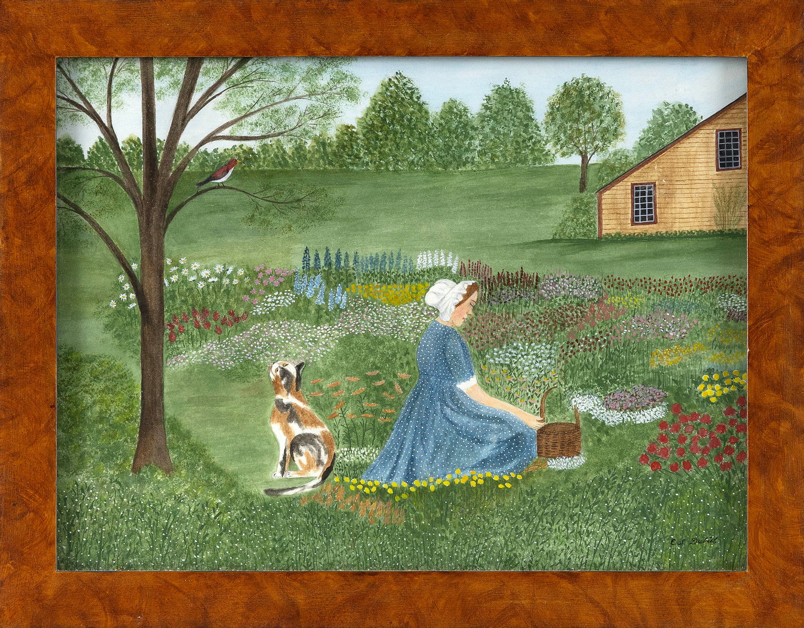EVELYN SACZAWA DUBIEL (America, 1922-), "A Day in the Garden"., Watercolor, 8.75" x 11.75" sight.: EVELYN SACZAWA DUBIEL America, 1922- "A Day in the Garden". Signed lower right "E.S. Dubiel". Titled verso. Watercolor, 8.75" x 11.75" sight. Framed 10.75" x 14".