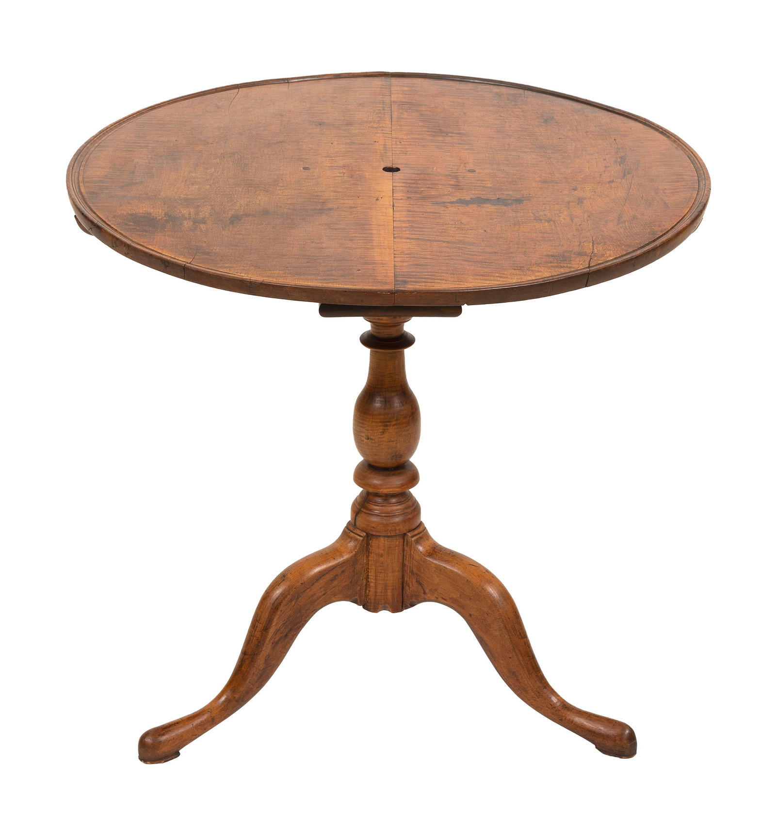 QUEEN ANNE MAPLE AND CURLY MAPLE BIRD-CAGE TILT-TOP-TABLE New England, 18th Century Height 27.5". (1 of 2)