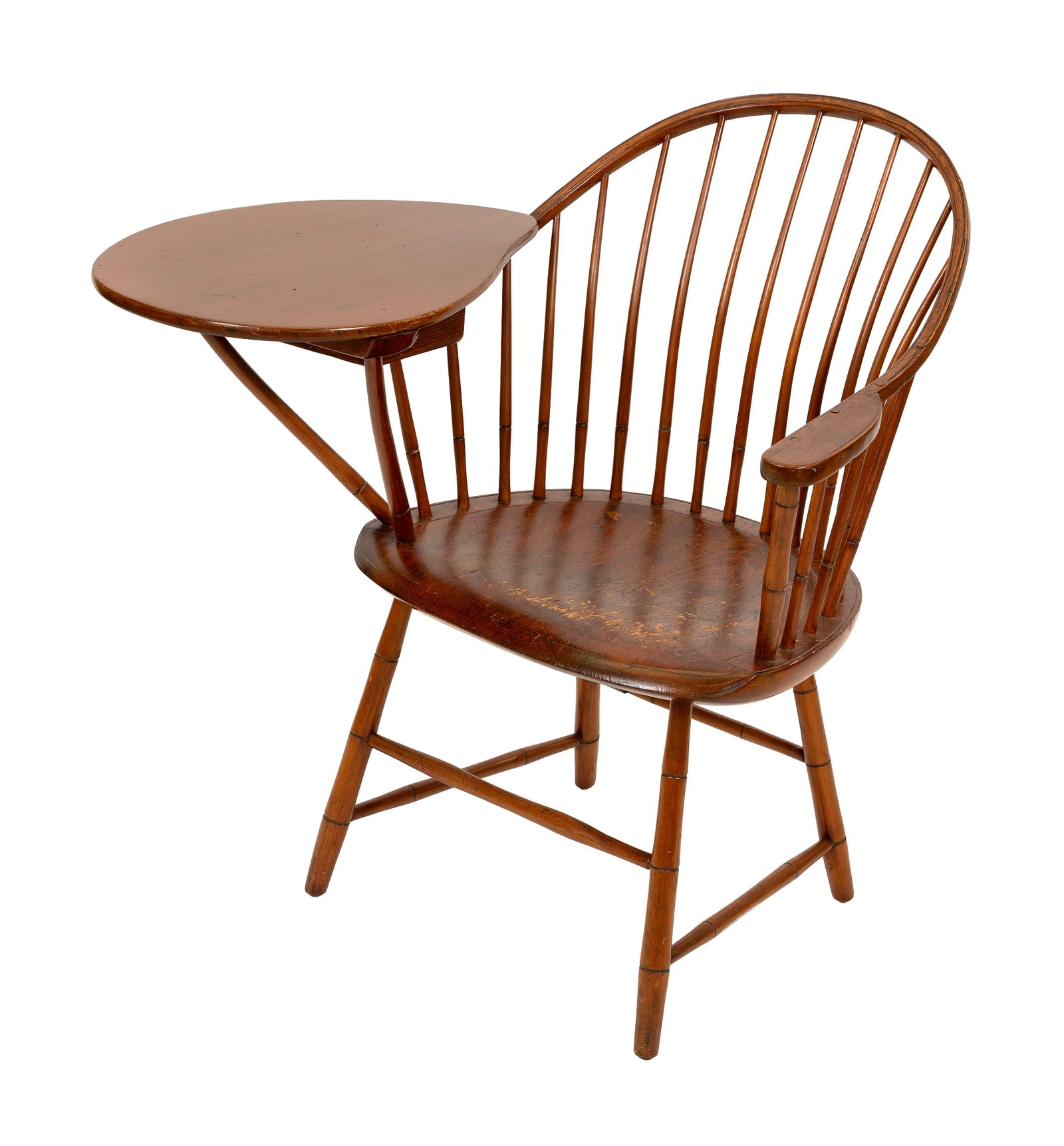 WINDSOR PINE AND MAPLE WRITING ARMCHAIR Circa 1810 Back height 36". Seat height 17.25".: WINDSOR PINE AND MAPLE WRITING ARMCHAIR Circa 1810 Bamboo turnings. Writing arm with a pull-out drawer below. Back height 36". Seat height 17.25".
