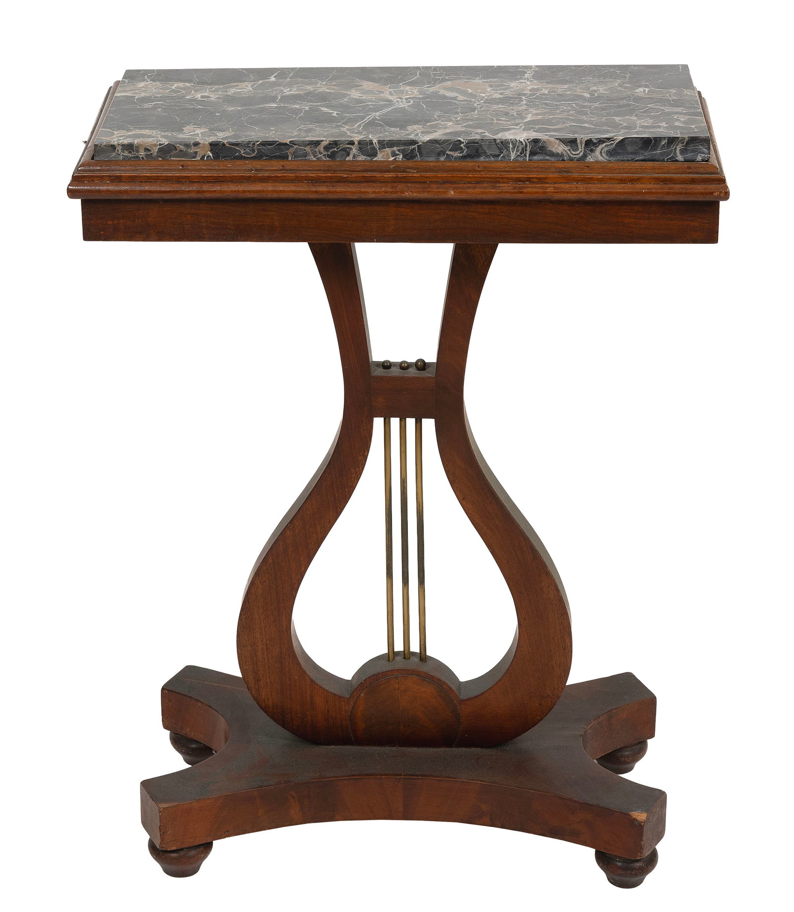 LYRE-BASE MAHOGANY AND MAHOGANY VENEER SIDE TABLE Late 19th Century Height 30". Width 23". Depth (1 of 1)