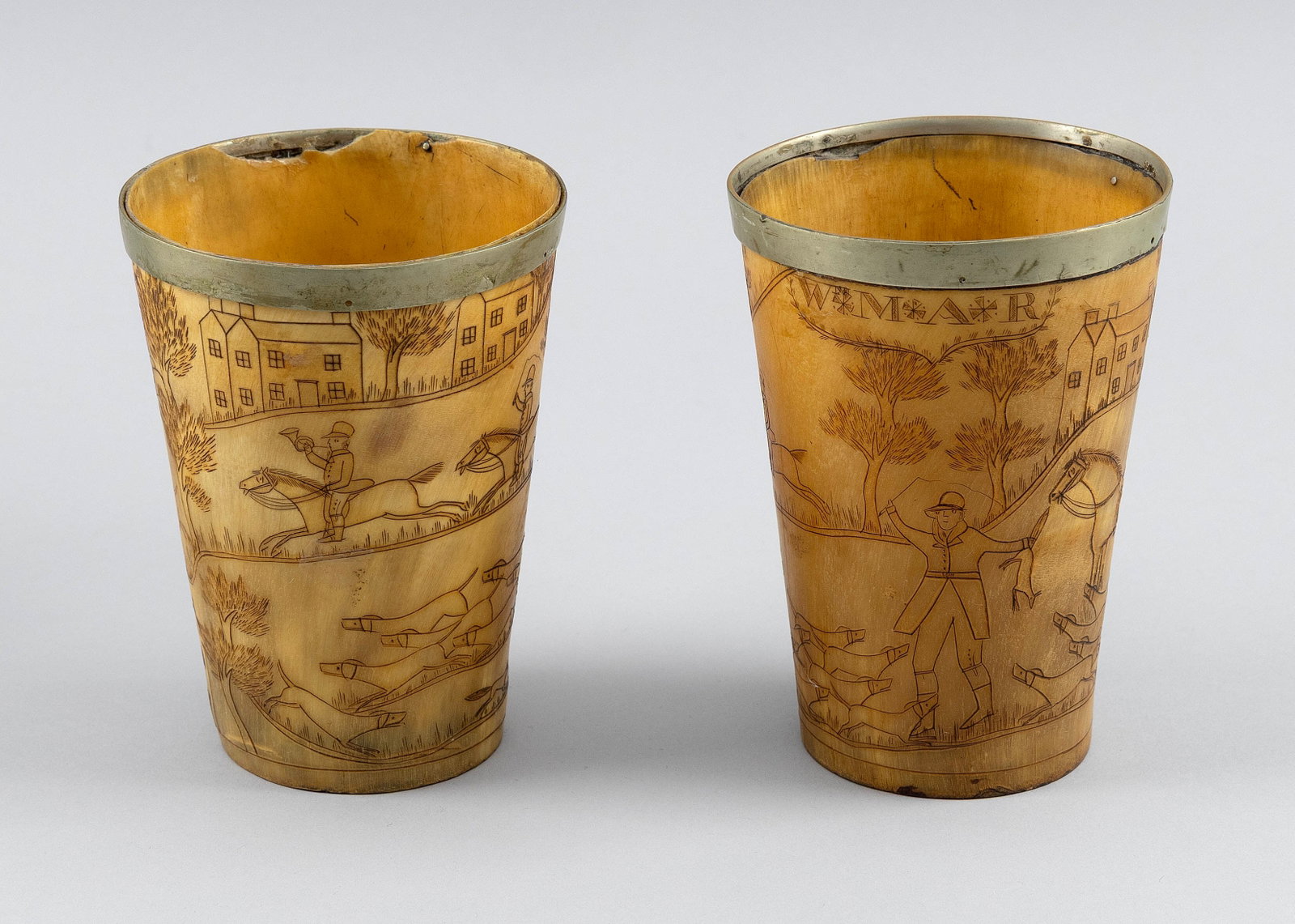 PAIR OF ENGRAVED STEER HORN TUMBLERS 19th Century Heights 5". (1 of 5)