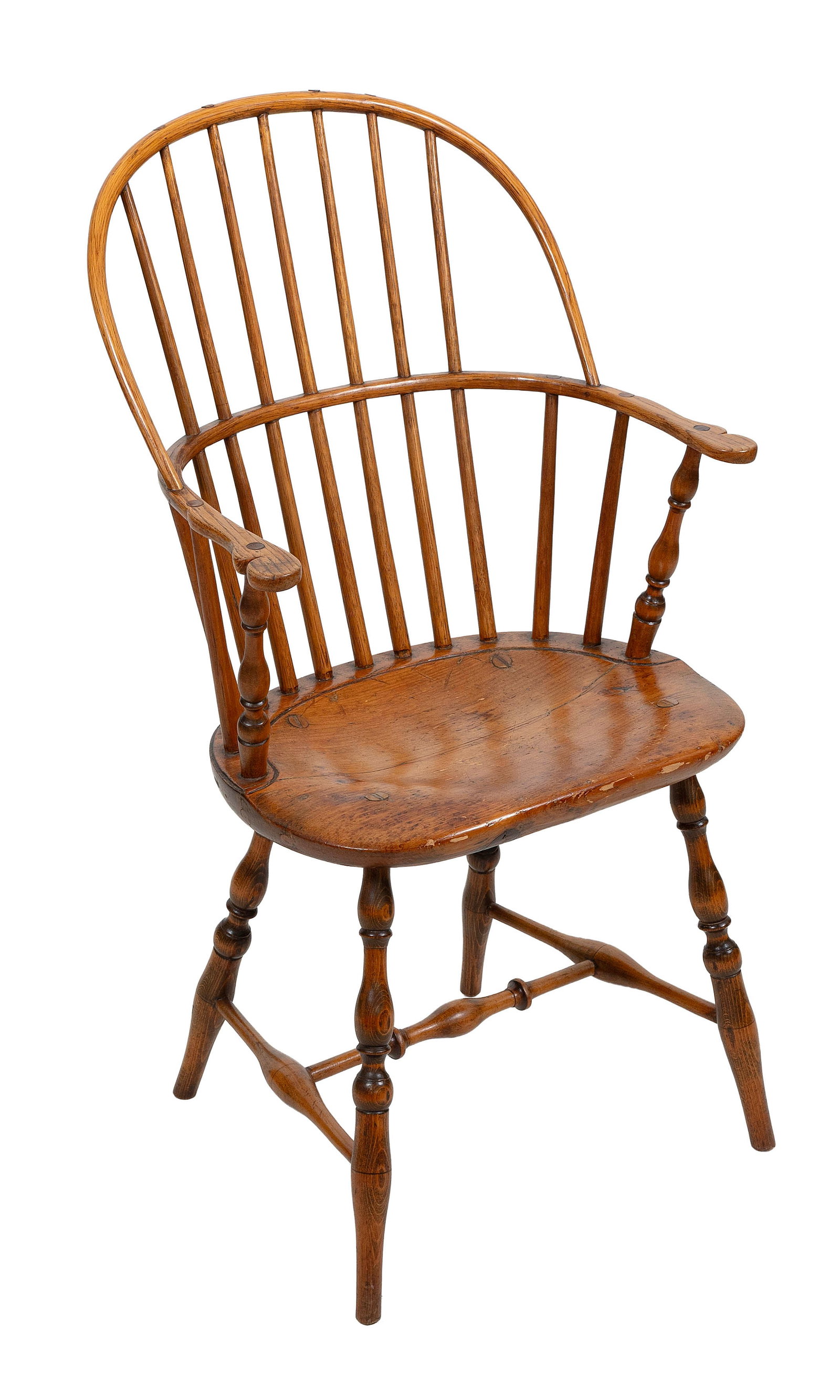 WINDSOR PINE, MAPLE AND ASH BOW-BACK ARMCHAIR New England, Late 18th Century Back height 39.75".: WINDSOR PINE, MAPLE AND ASH BOW-BACK ARMCHAIR New England, Late 18th Century Back height 39.75". Seat height 18.75". Provenance: Private Collection, Ohio.
