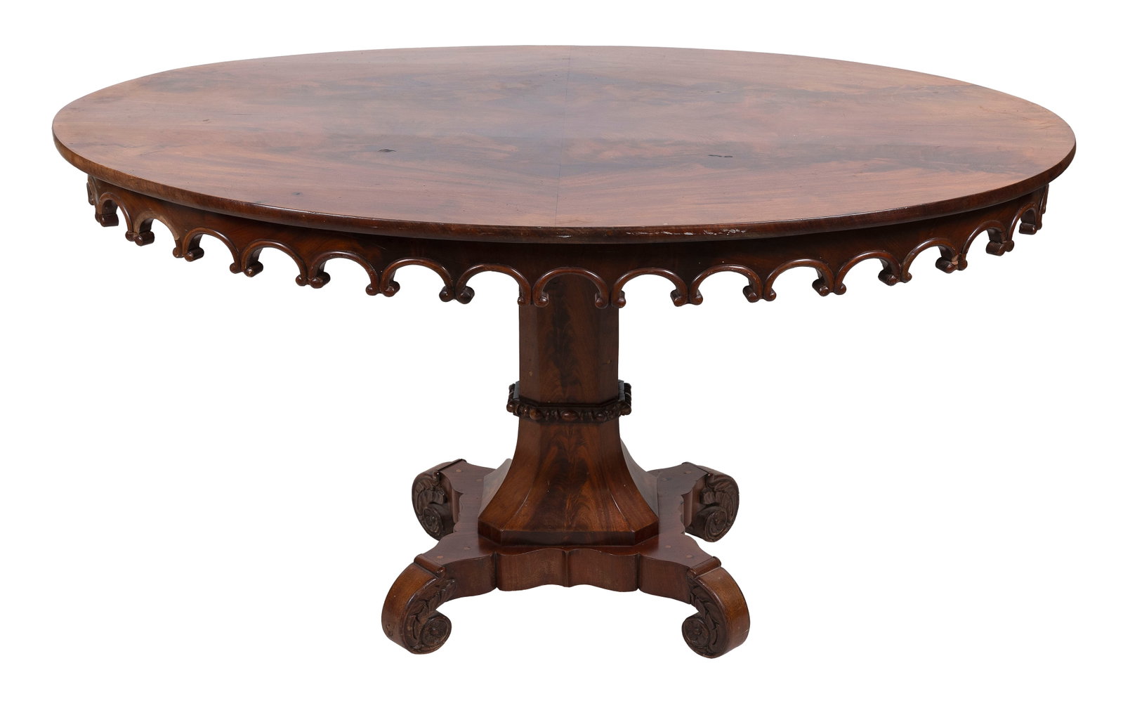 GOTHIC-STYLE MAHOGANY AND WALNUT LIBRARY TABLE Mid-19th Century Oval top approx. 57" x 33". (1 of 3)