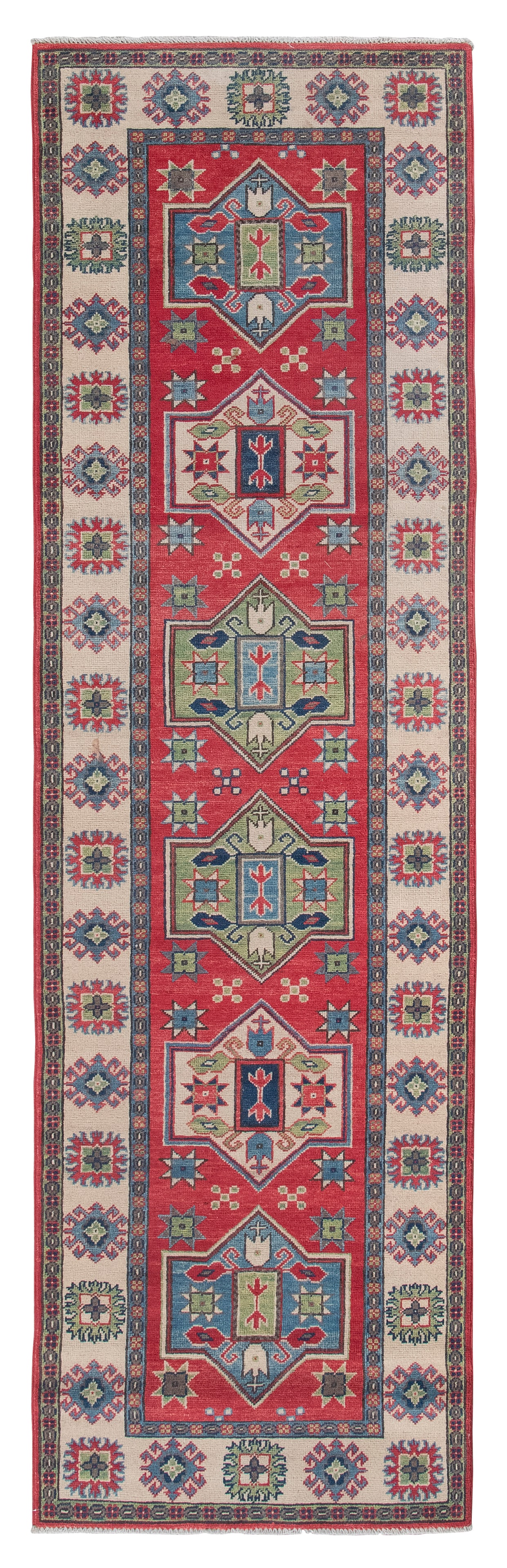 AFGHAN RUNNER: 2'8" X 9'0" 21st Century: AFGHAN RUNNER: 2'8" X 9'0" 21st Century Light blue, light green and ivory medallions are surrounded by various small stylized elements throughout the length of a red field. Blue, green and ivory borde