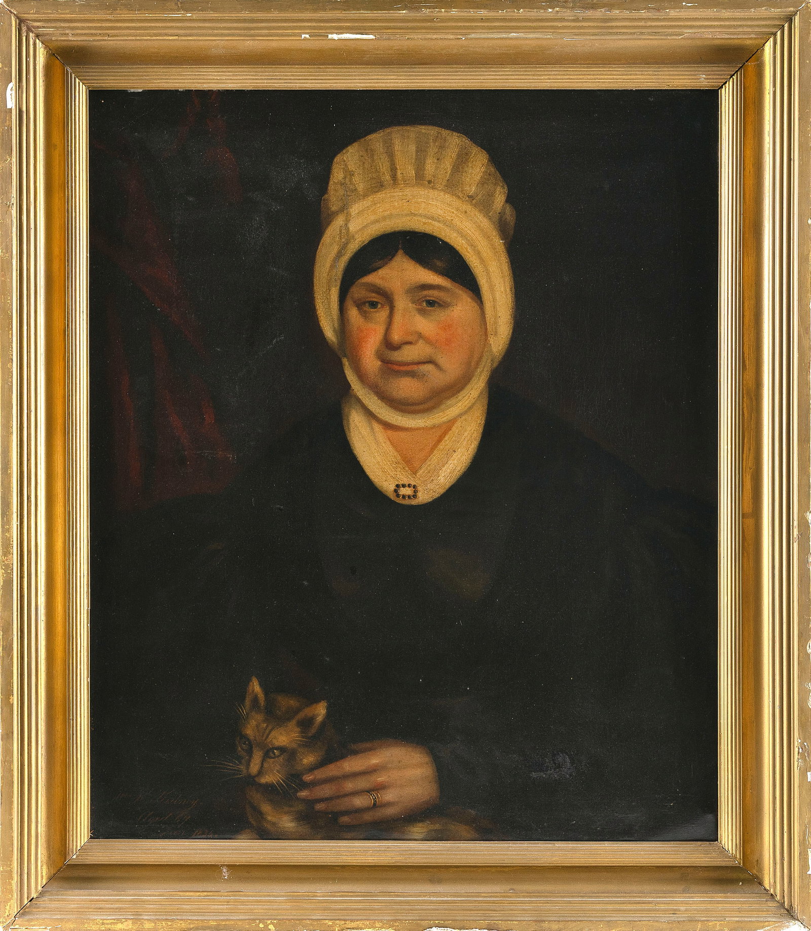 AMERICAN SCHOOL (19th Century,), Portrait of a woman holding a cat., Oil on canvas, 30" x 25". (1 of 2)