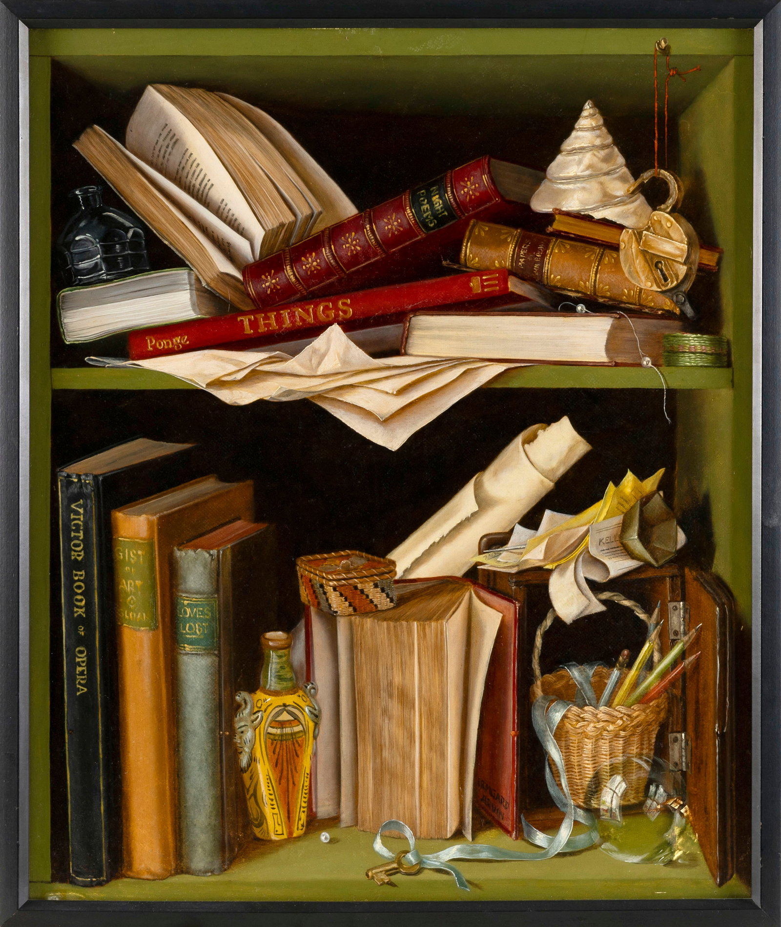 IRMGARD ARVIN (America, 1923-1966), Trompe-l'oeil of shelves filled with books, papers and (1 of 2)