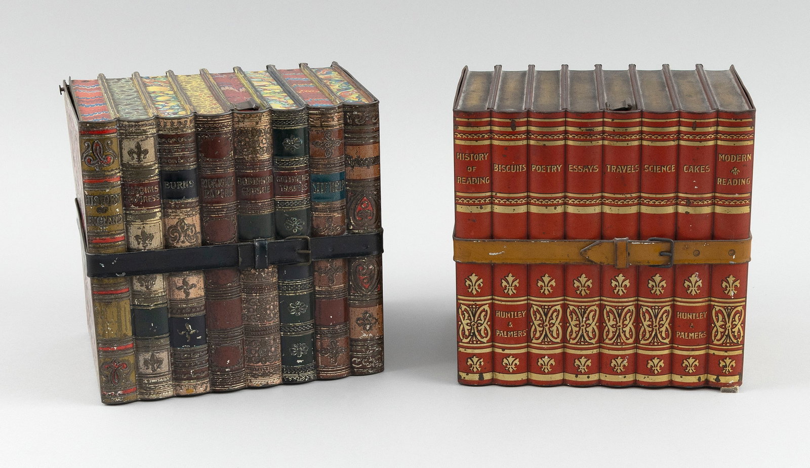 TWO BOOK-FORM HUNTLEY & PALMERS BISCUIT TINS England, Early 20th Century Heights 6.25". Widths 6.5". (1 of 5)