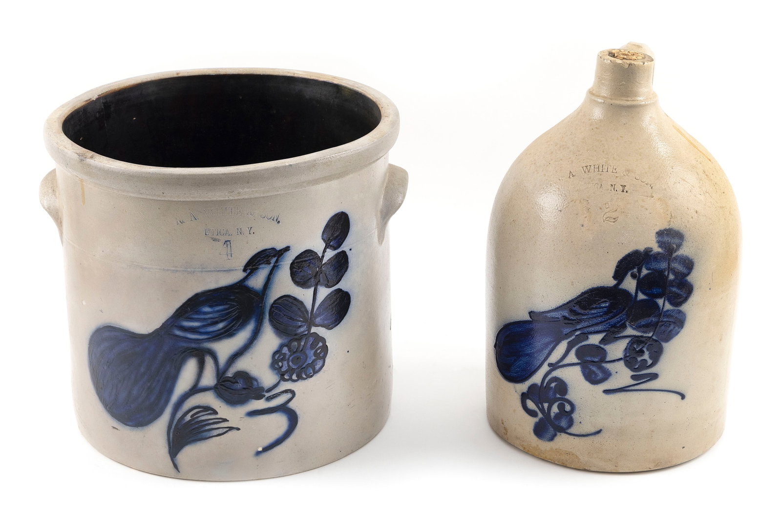 TWO PIECES OF WHITE & SON STONEWARE FOUR-GALLON STONEWARE CROCK 19th Century Heights 11" and 14". (1 of 3)