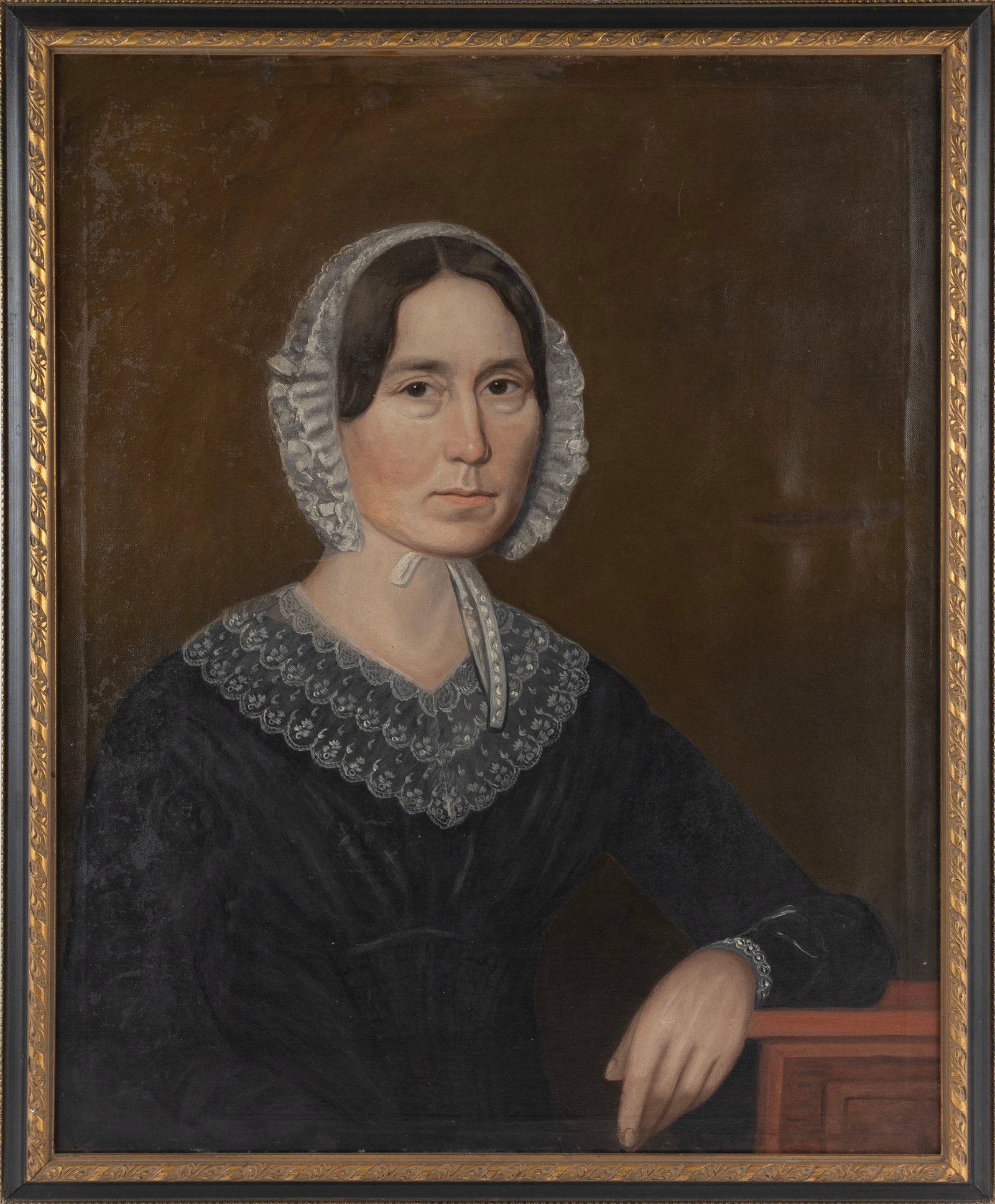 AARON DEAN FLETCHER (Vermont/New York, 1817-1902), Portrait of a woman wearing a lace bonnet., Oil: AARON DEAN FLETCHER Vermont/New York, 1817-1902 Portrait of a woman wearing a lace bonnet. Unsigned. Oil on canvas, 29" x 23.5". Framed 32" x 26".