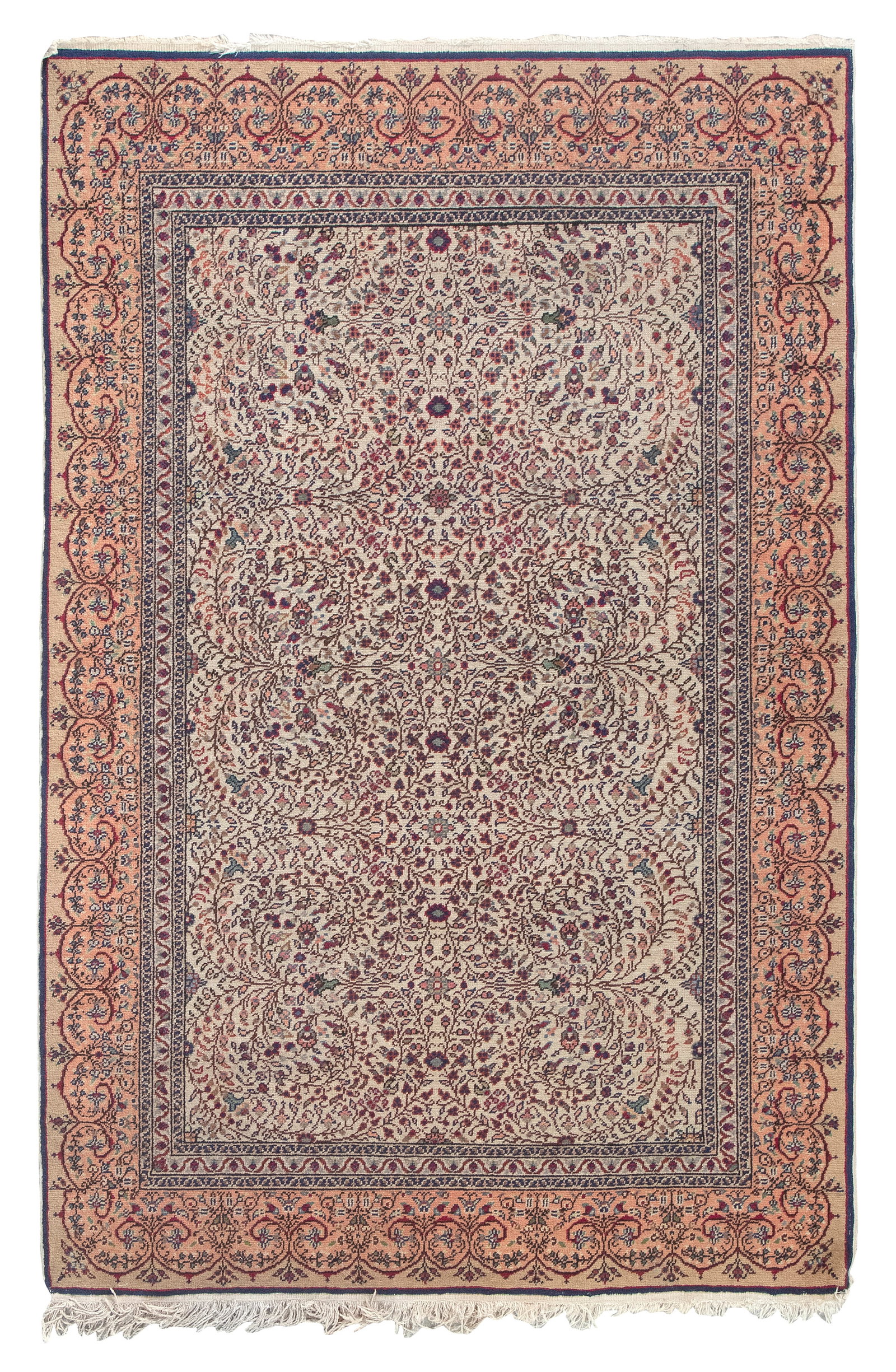 TURKISH RUG: 3'10" X 5'10" Later 20th Century: TURKISH RUG: 3'10" X 5'10" Later 20th Century Ivory field is saturated by delicate brown scrolling vines bearing tiny scarlet, pink, blue and olive green blossoms. Pink and faded yellow main border wi
