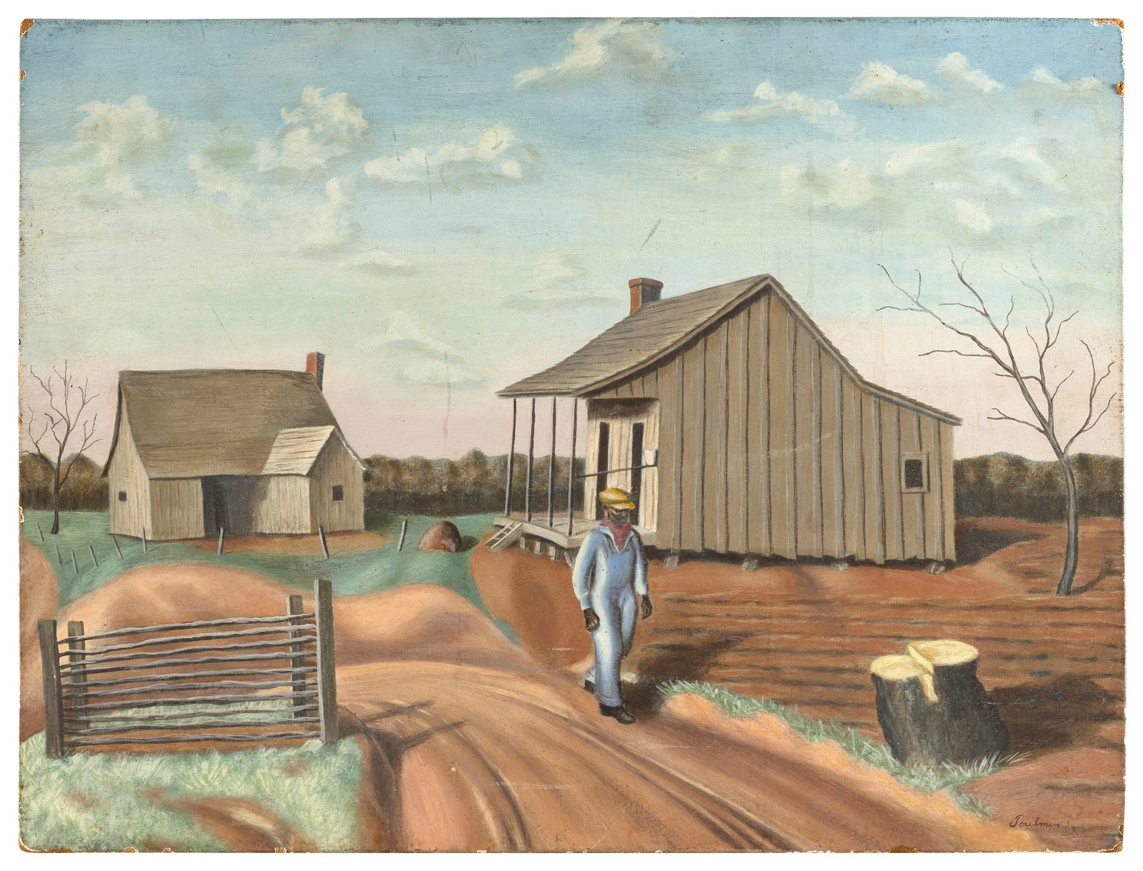WPA SCHOOL (20th Century,), Southern farm scene., Oil on board, 18" x 24". Unframed. (1 of 2)