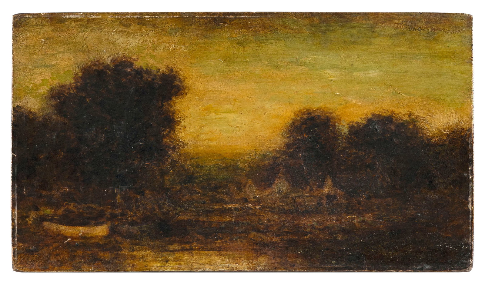 MANNER OF GEORGE INNESS (19th Century,), Sunset landscape., Oil on board, 9" x 15.5". Unframed. (1 of 2)