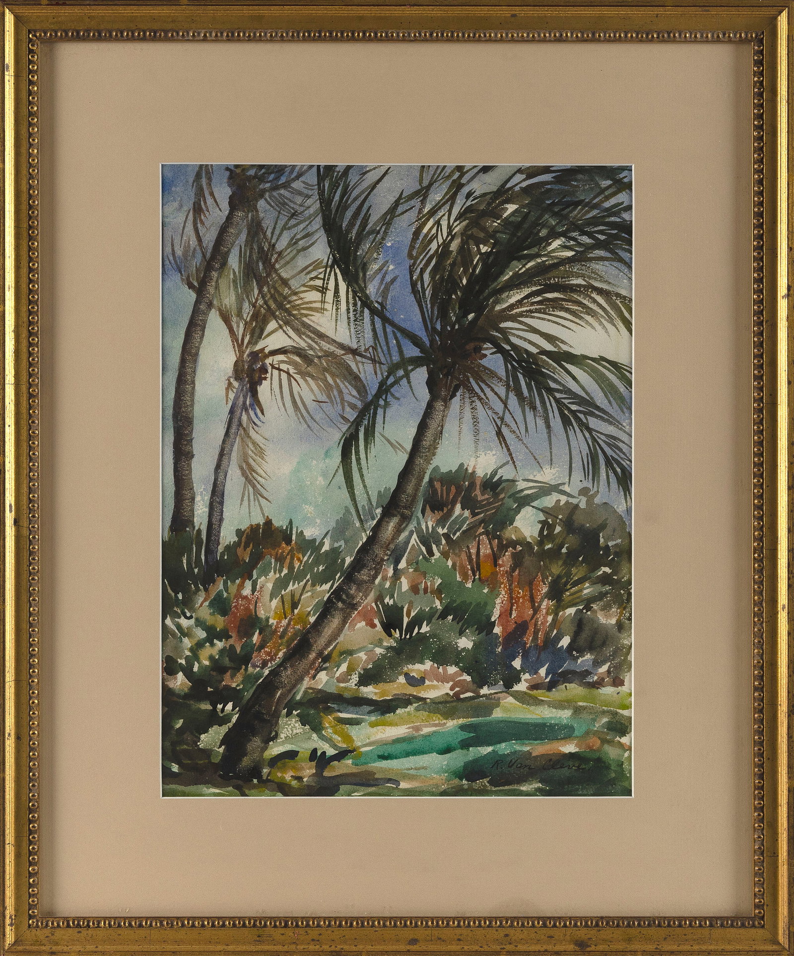 RUTH EMERSON VAN CLEVE (New York, Mid-20th Century), Palm trees., Watercolor, 15" x 12" sight. (1 of 2)