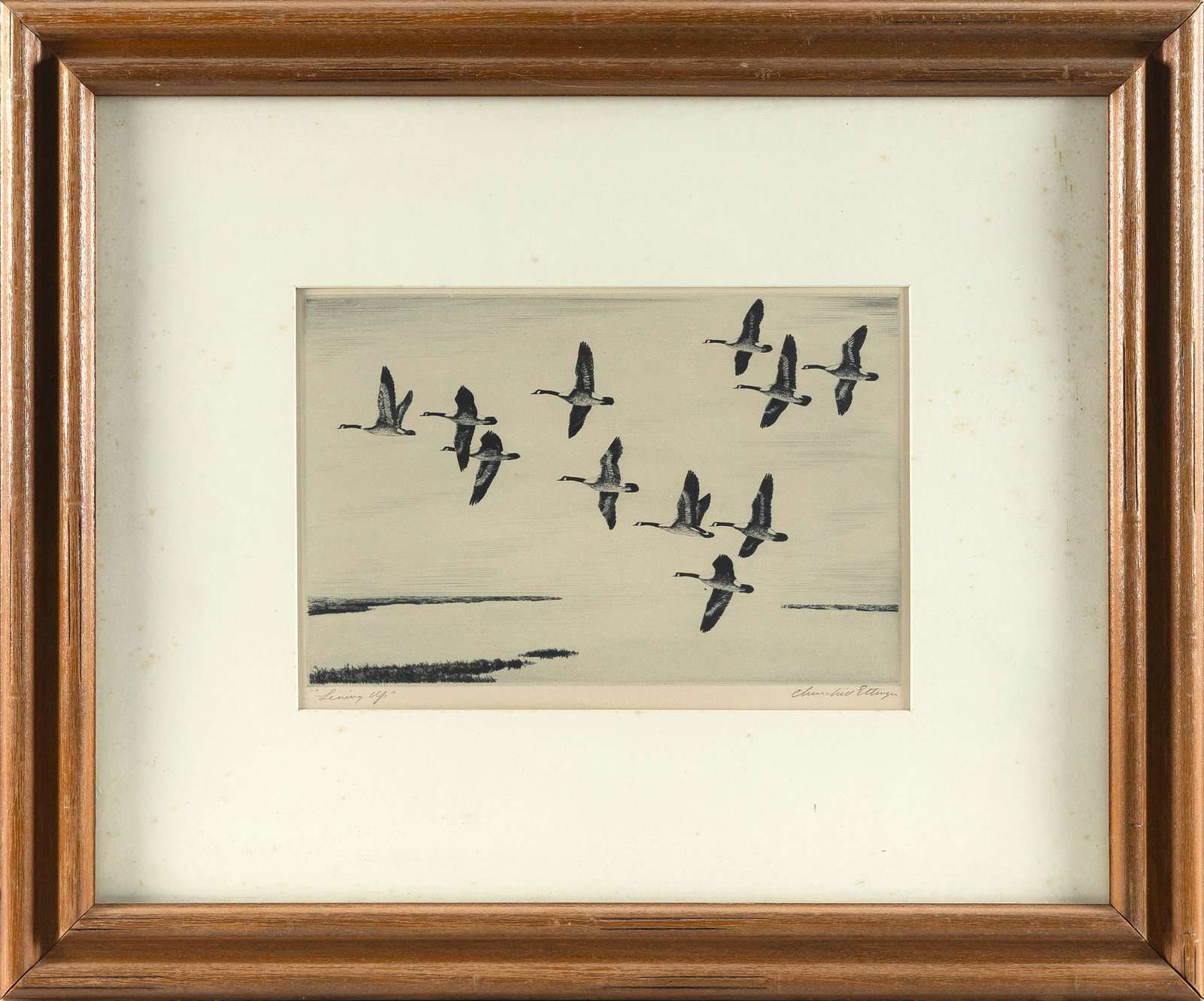 CHURCHILL ETTINGER (Vermont/New Jersey, 1903-1984), "Lining Up"., Eching, 8" x 12" sight. Framed 20" (1 of 2)