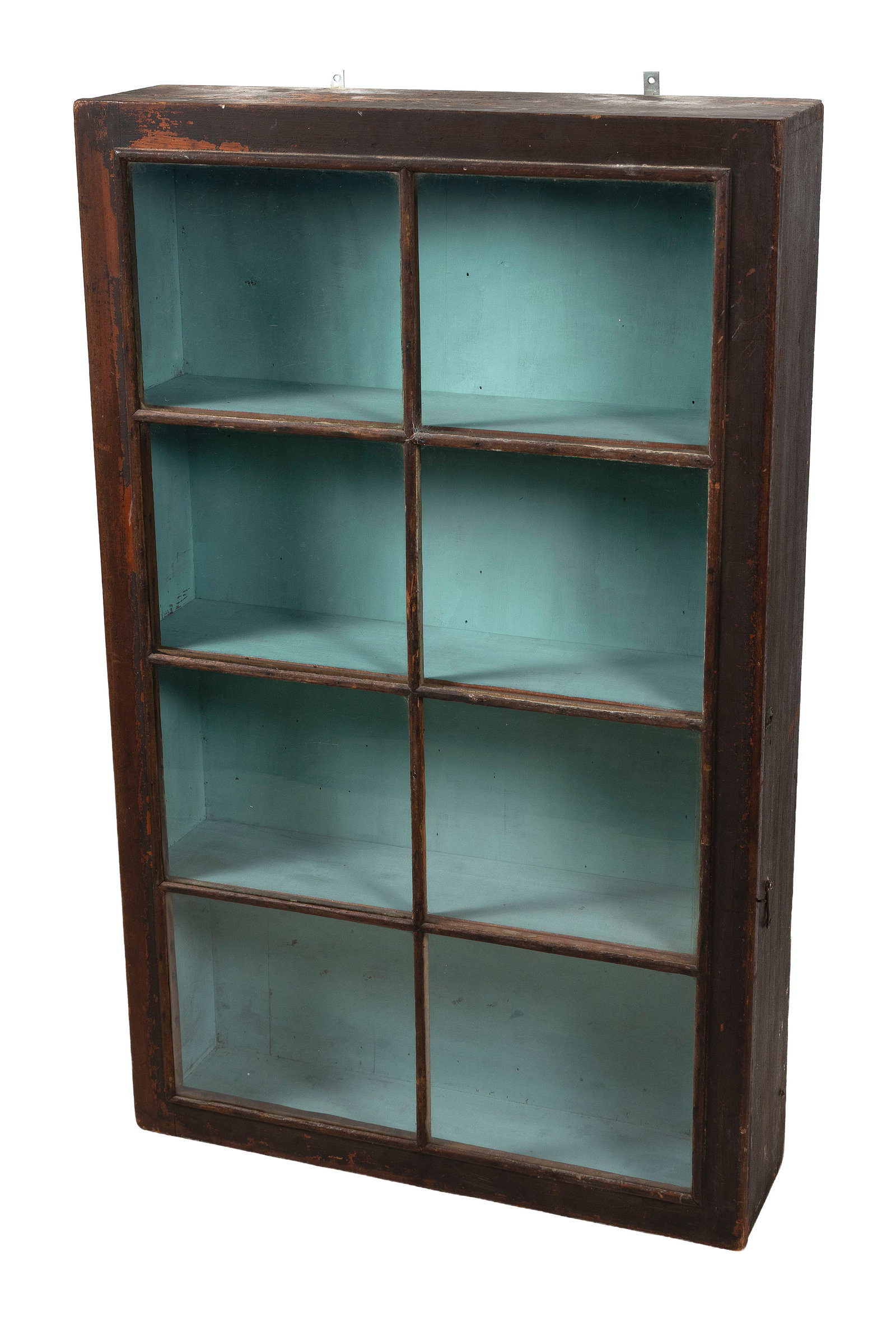 GLASS DOOR CUPBOARD WITH BLUE PAINTED INTERIOR 19th Century Height 54". Width 33.25". Depth 9". (1 of 2)