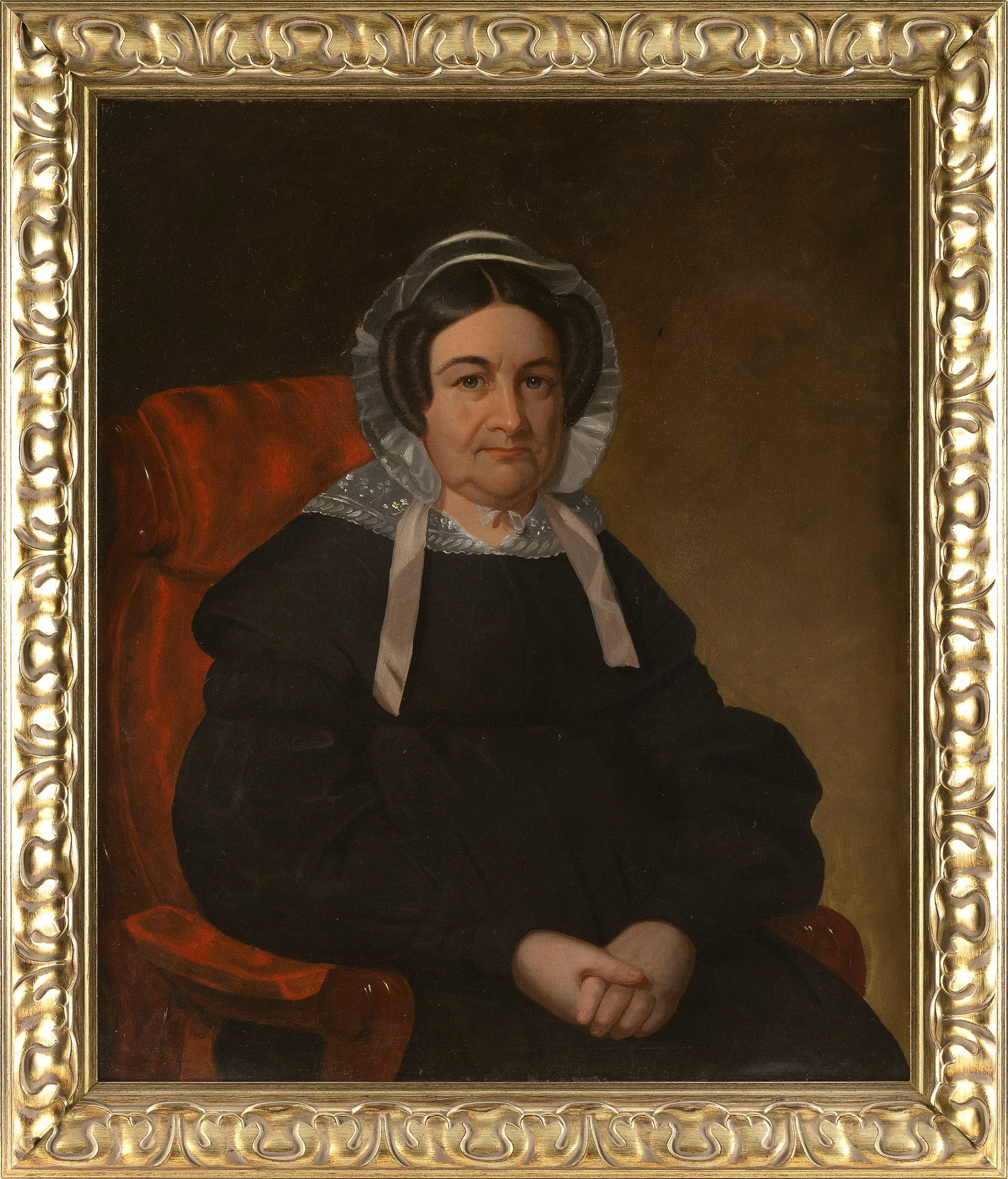 AMERICAN SCHOOL (19th Century,), Portrait of a woman seated on a red upholstered chair., Oil on (1 of 2)