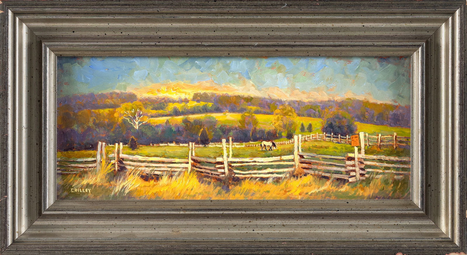 JOSEPH JAMES CRILLEY (Pennsylvania, 1920-2008), Jersey farm., Oil on board, 6" x 14". Framed 9.5" x (1 of 2)