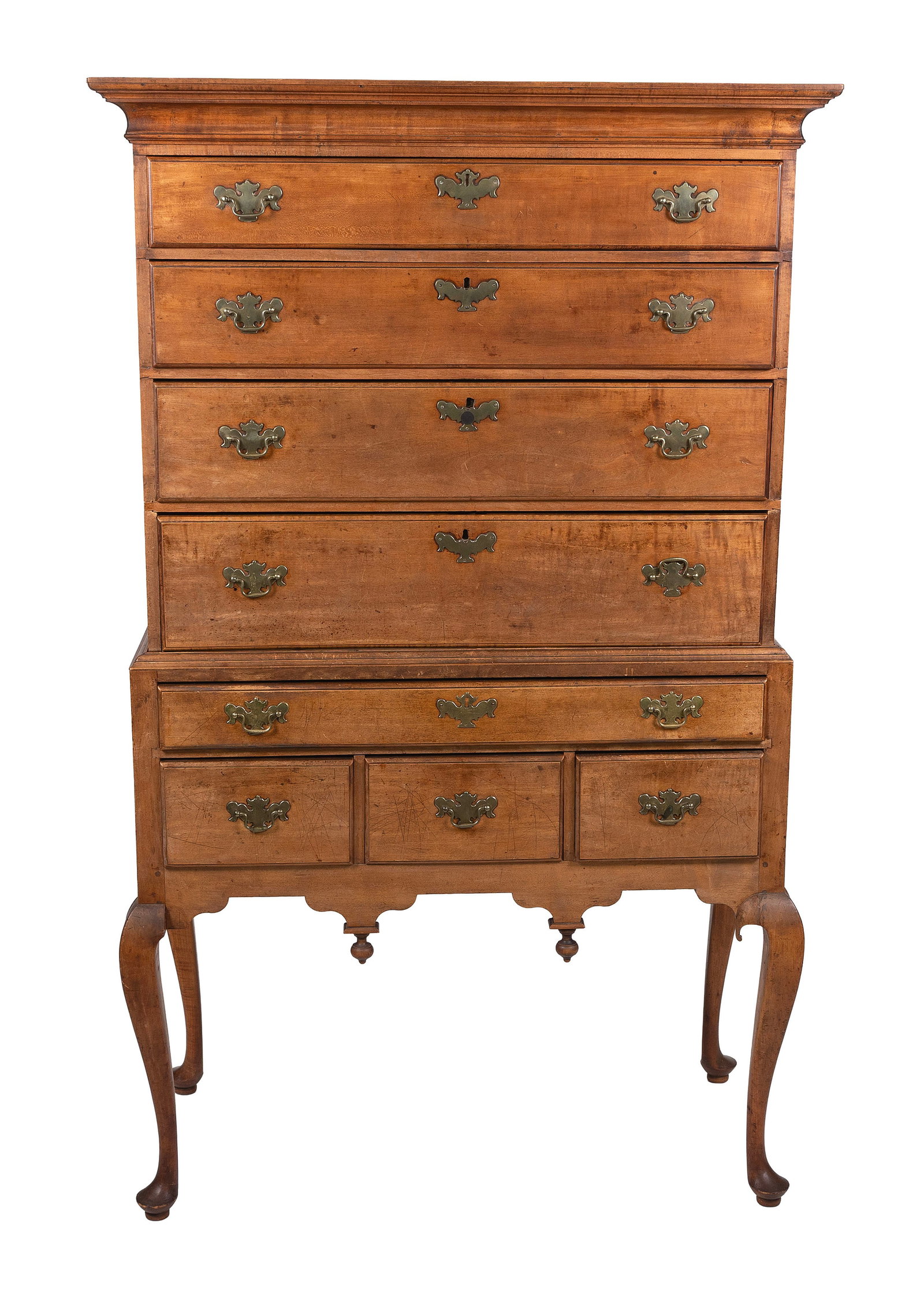 QUEEN ANNE MAPLE AND CURLY MAPLE TWO-PART FLAT-TOP HIGHBOY Circa 1760 Height 67". Width 38.5". Depth (1 of 2)