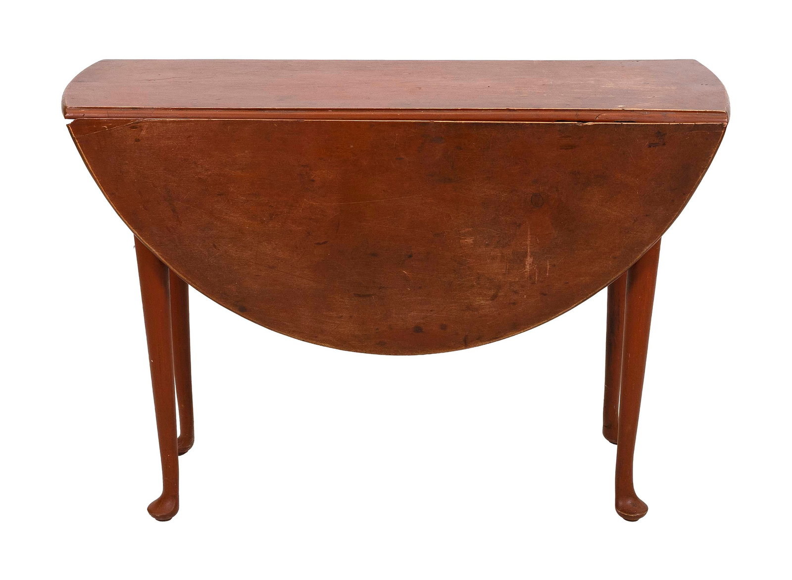 QUEEN ANNE-STYLE RED-WASHED HARDWOOD DROP-LEAF TABLE 19th Century Height 28.5". Length 15" plus two: QUEEN ANNE-STYLE RED-WASHED HARDWOOD DROP-LEAF TABLE 19th Century Straight legs end in pad feet. Height 28.5". Length 15" plus two 16" drop leaves. Width 42.5". Provenance: The Estate of Paul and Dian