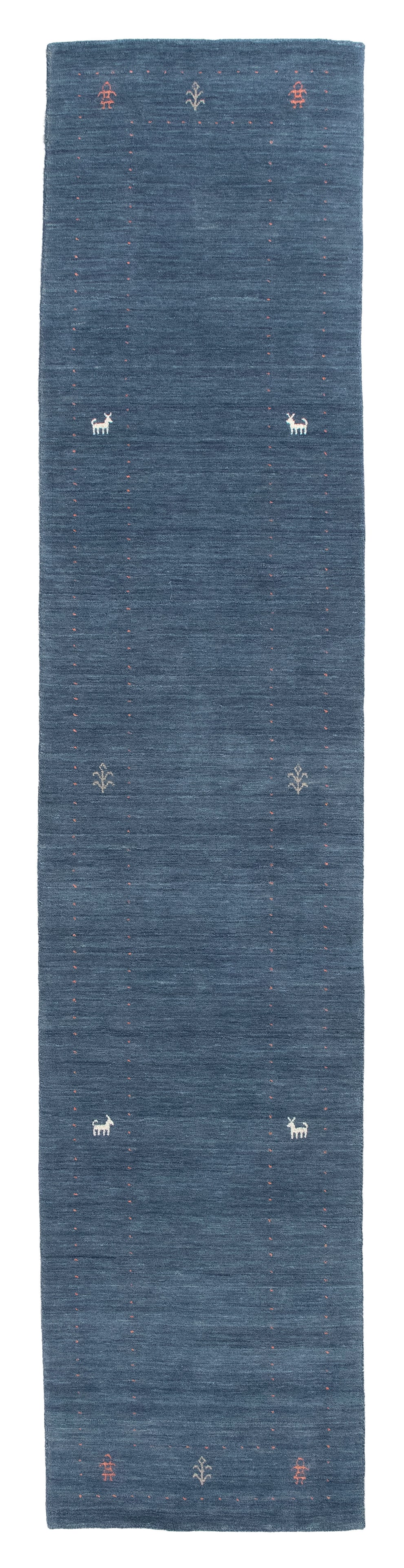 GABBEH DESIGN RUNNER: 2'6" X 12'1" 21st Century: GABBEH DESIGN RUNNER: 2'6" X 12'1" 21st Century Variegated steel blue field with a sparse population of light gray, bright ivory and dark pink stylized branches and animal and human figures contained 