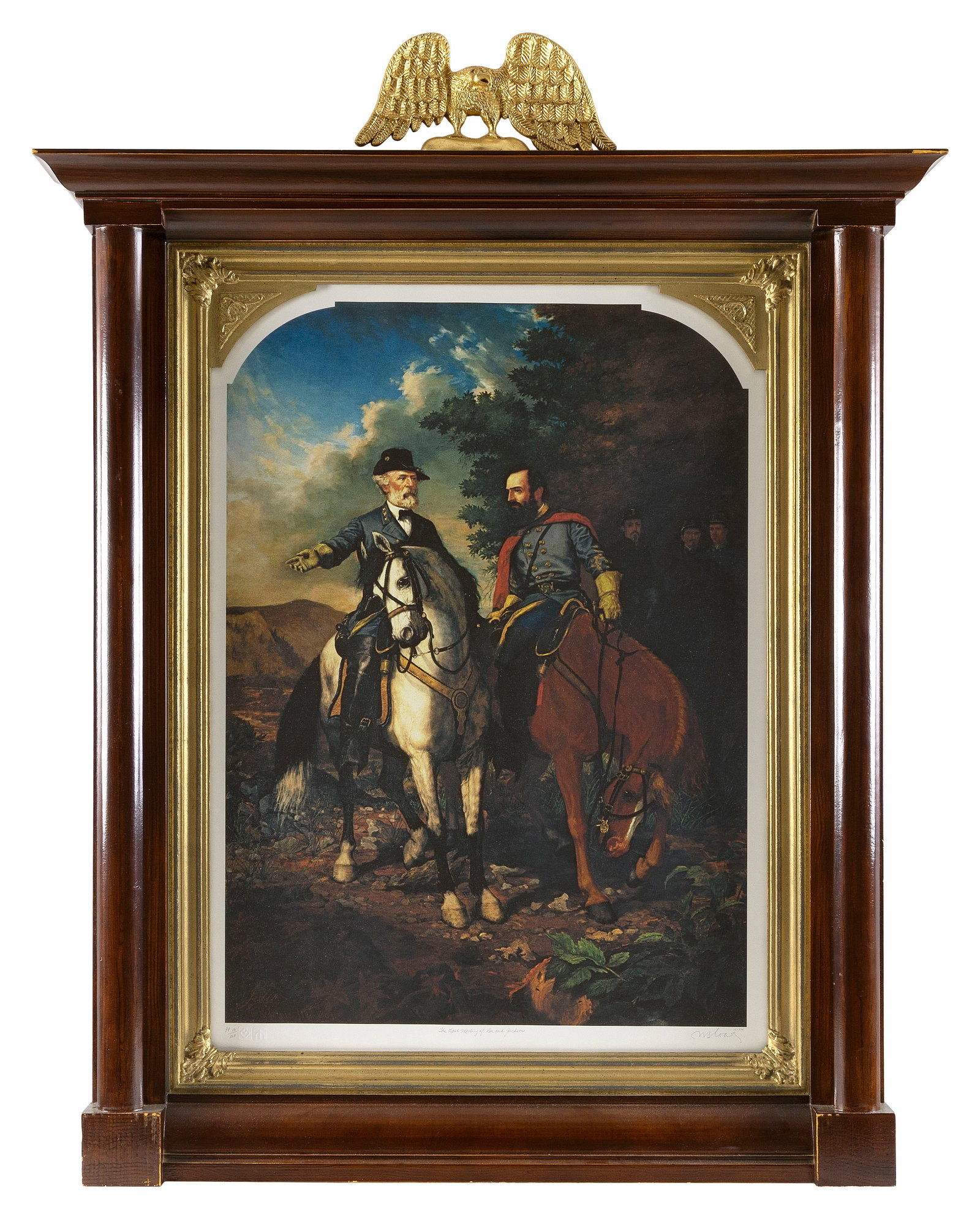 AFTER EVERETT B.D. JULIO (19th Century,), "The Last Meeting of Lee and Jackson, 1869"., 29" x 20": AFTER EVERETT B.D. JULIO 19th Century "The Last Meeting of Lee and Jackson, 1869". Limited edition print after the famous painting. Housed in a frame with a gilt eagle pediment. 29" x 20" sight. Frame