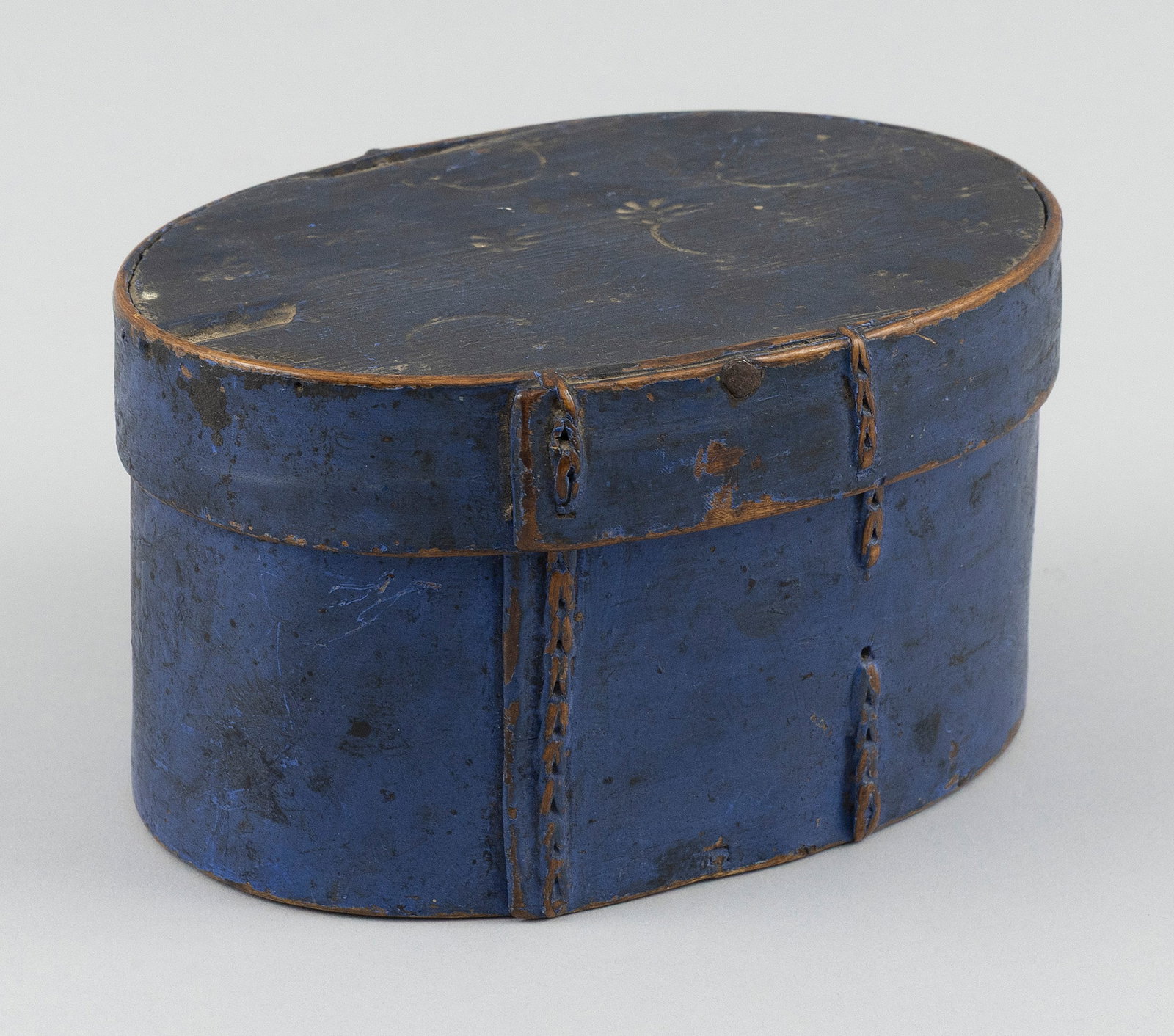 OVAL BLUE-PAINTED PANTRY BOX 18th Century Height 3.5". Width 6". Depth 4". (1 of 6)