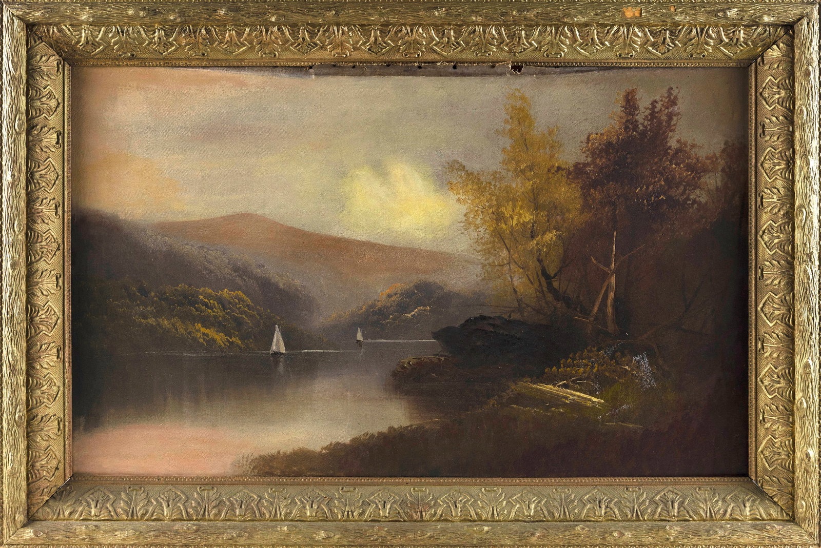 AMERICAN SCHOOL (Late 19th Century,), Sailboats on a mountain lake., Oil on canvas, 22" x 36".: AMERICAN SCHOOL Late 19th Century Sailboats on a mountain lake. Unsigned. Oil on canvas, 22" x 36". Framed 28" x 42".