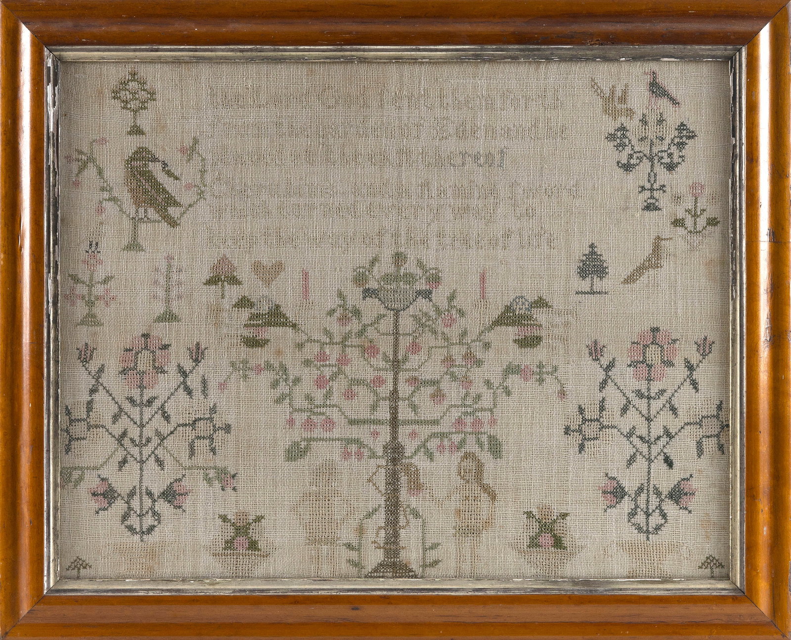 NEEDLEWORK SAMPLER 19th Century 15.5" x 20.5". Framed 19" x 24". (1 of 2)