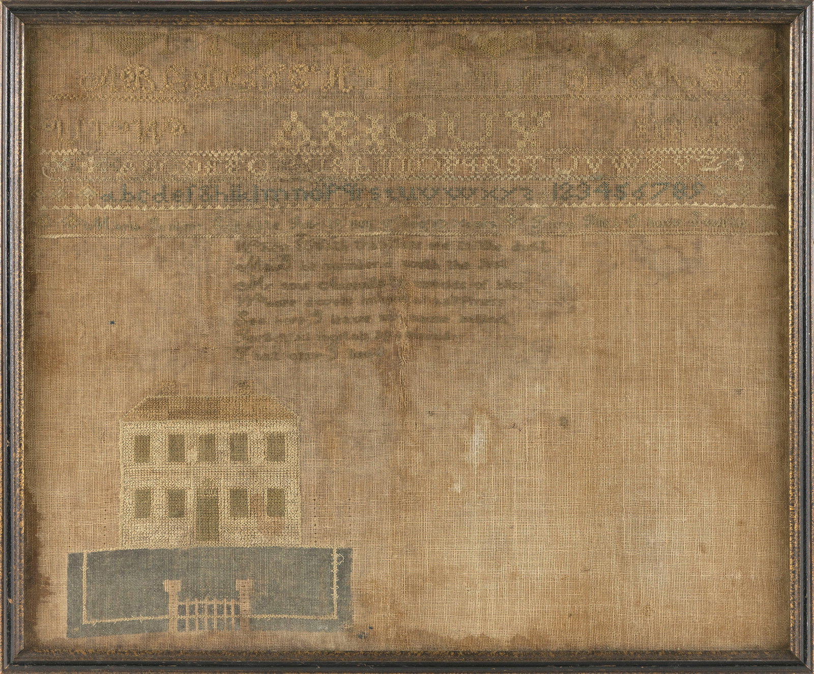 SCITUATE, MASSACHUSETTS NEEDLEWORK SAMPLER DATED 1831 14" x 17" sight. Framed 15" x 19". (1 of 2)
