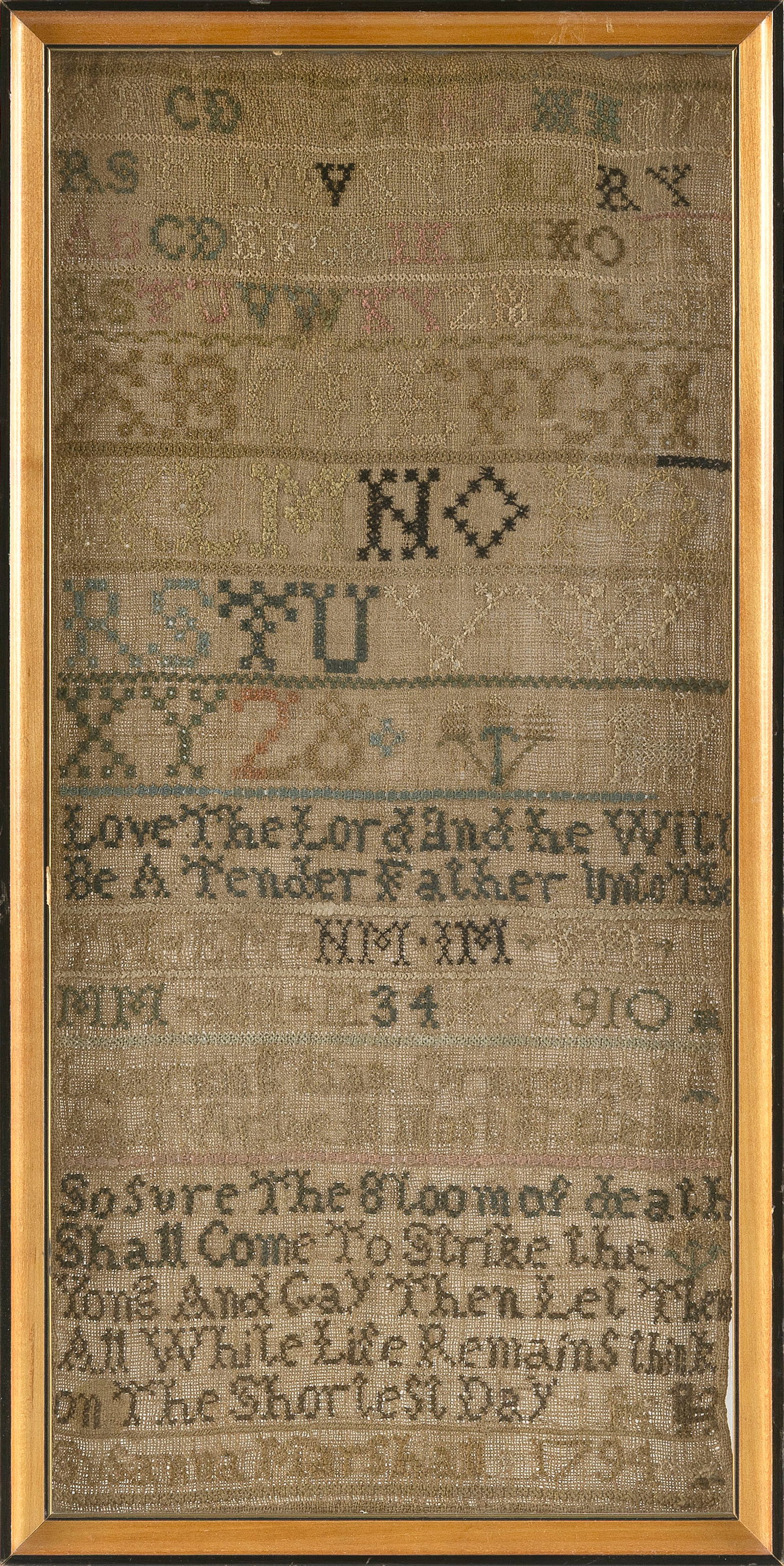 NEEDLEWORK SAMPLER Dated 1794 17.5" x 8" sight. Framed 19" x 9". (1 of 2)