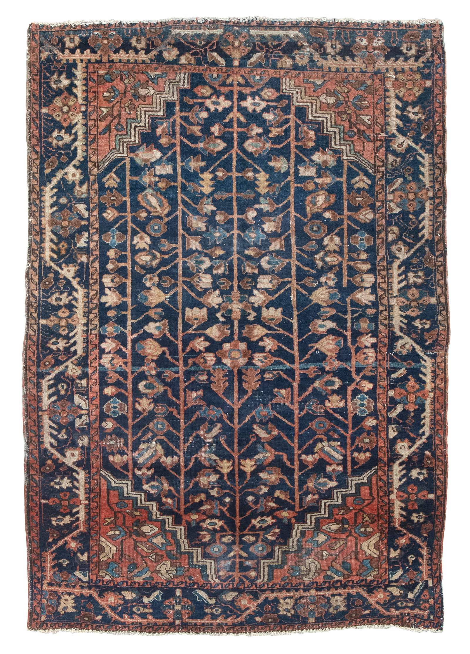 SAROUK RUG: 3'4" X 4'9" Circa 1920-30: SAROUK RUG: 3'4" X 4'9" Circa 1920-30 Several linear faded red, blue, gold and tan blossoming branches stretch across a dark blue field. Red spandrels with complimentary motifs. Red and and ivory serr