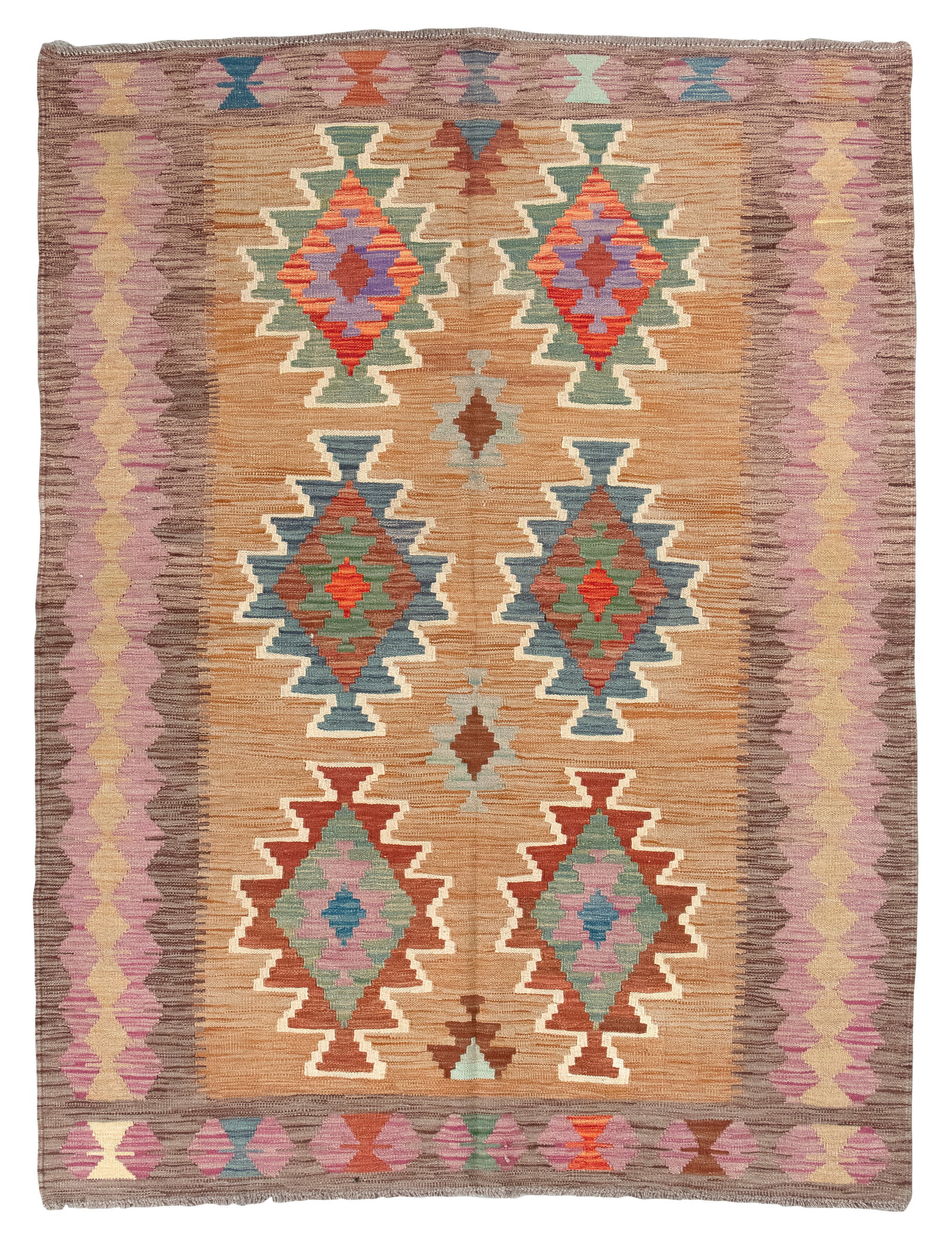 KILIM RUG: 5'0" X 6'6" 21st Century: KILIM RUG: 5'0" X 6'6" 21st Century Wheat-colored field with six forest green, dark marine blue, steel gray, lavender, cocoa brown, red and ivory geometric medallions arranged in two columns. Broad br