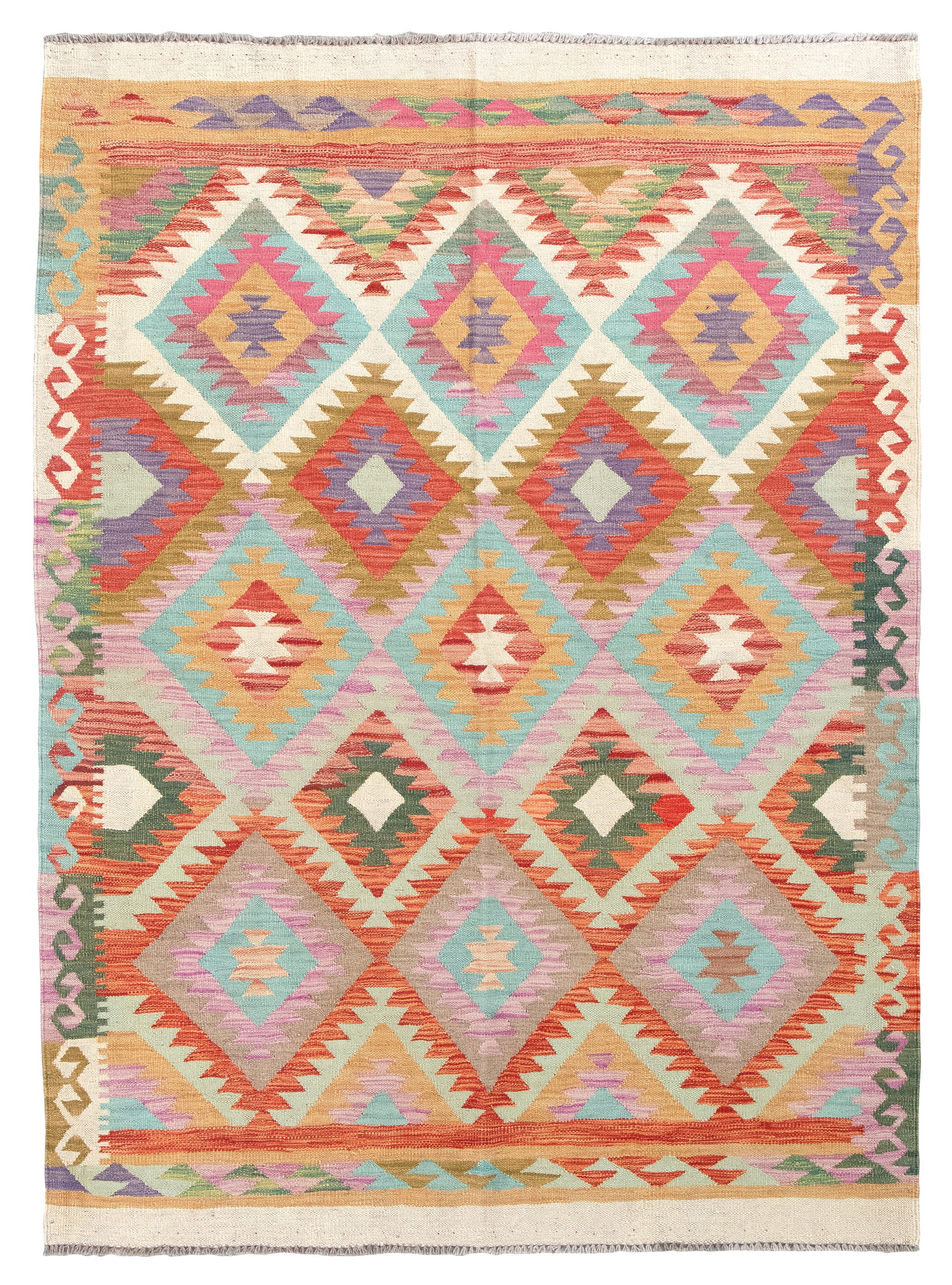 KILIM RUG: 5'0" X 6'9" 21st Century: KILIM RUG: 5'0" X 6'9" 21st Century Field composed of lavender, gray, red, forest green, ivory, mellow gold and olive contiguous diamond-shaped medallions with serrated edges and simple geometric cent