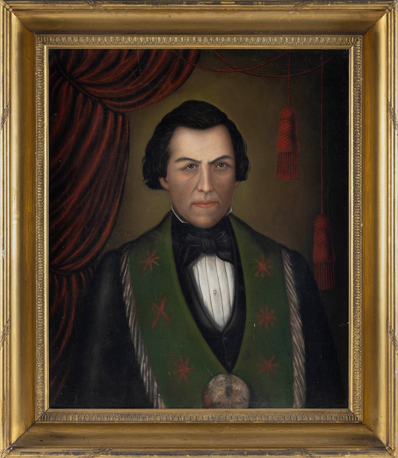 AMERICAN SCHOOL (19th Century,), Portrait of a gentleman wearing a green vestment and large badge of: AMERICAN SCHOOL 19th Century Portrait of a gentleman wearing a green vestment and large badge of office. Unsigned. Oil on canvas, 30" x 25". Framed 37" x 32".