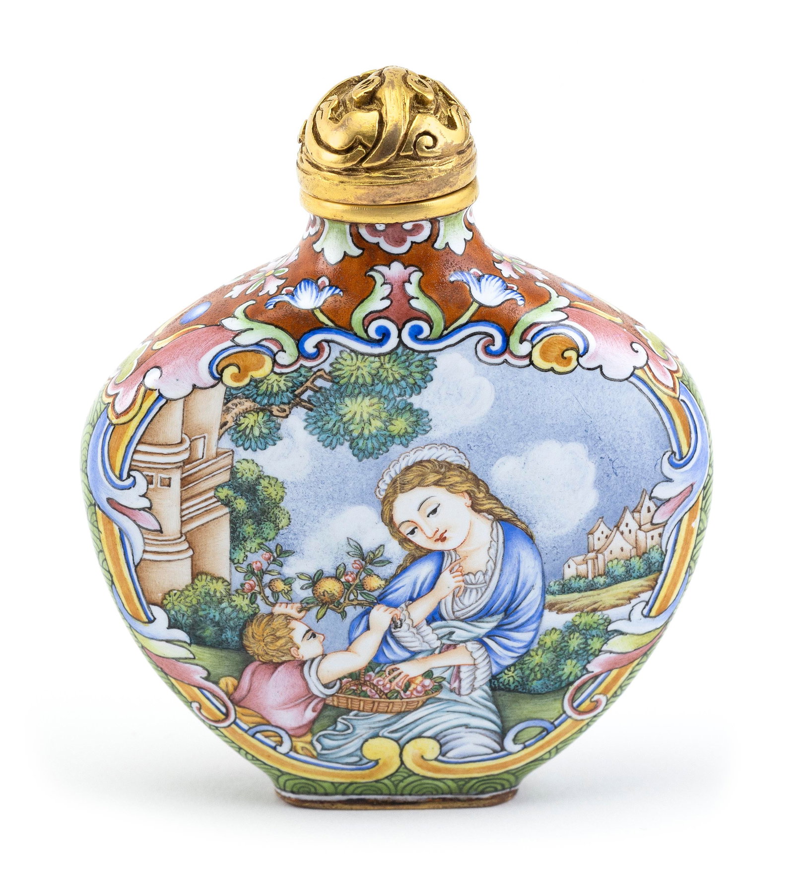 CHINESE FAMILLE ROSE CANTON ENAMEL SNUFF BOTTLE Early 20th Century Height 2.5".: CHINESE FAMILLE ROSE CANTON ENAMEL SNUFF BOTTLE Early 20th Century In flattened spade shape with decoration of mother and child on each face. Sides with a green fish-scale decoration. Conforming gilt 