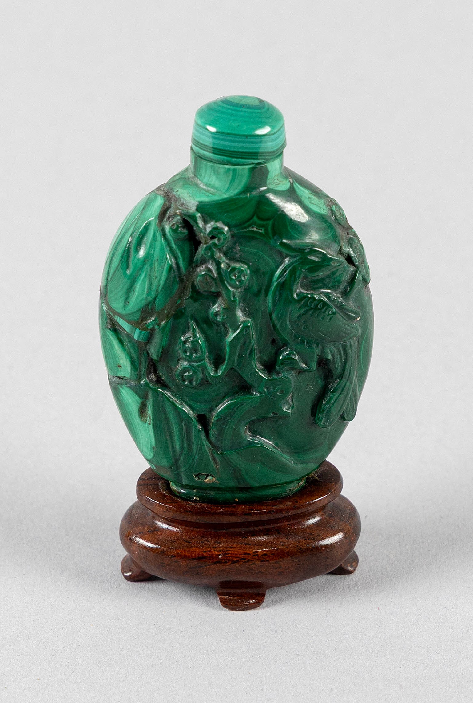 CHINESE CARVED MALACHITE SNUFF BOTTLE 19th Century Height 2". With stand. (1 of 3)